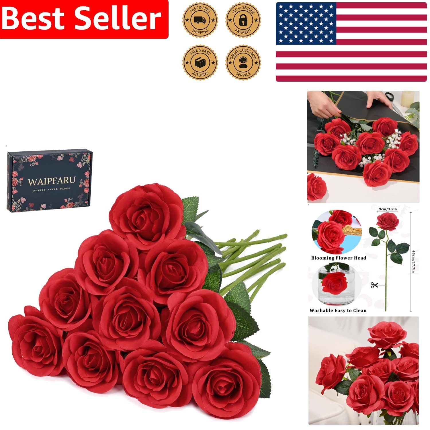 10 Pcs Red Artificial Roses Silk Flowers Long Stems Wedding Bouquet DecorRed…