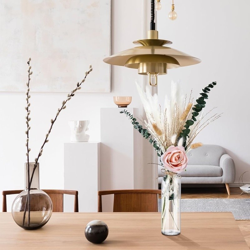 Dried Pampas Grass Arrangement W/ Artificial Roses Glass Jars Bohemian Decor Set