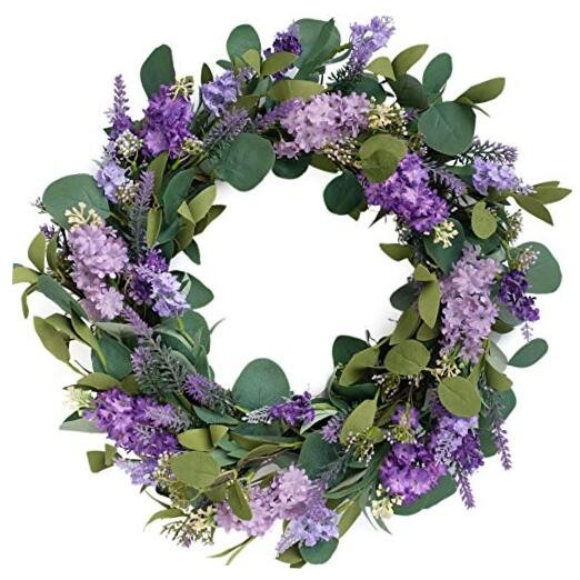 18”Artificial Flower Eucalyptus Leaves Wreath Rustic Farmhouse Purple