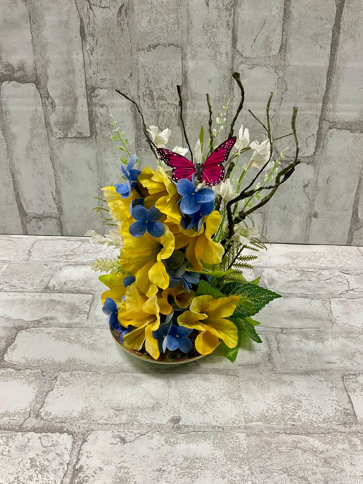 Yellow Petunia Floating Teacup Fine China Floral Arrangment