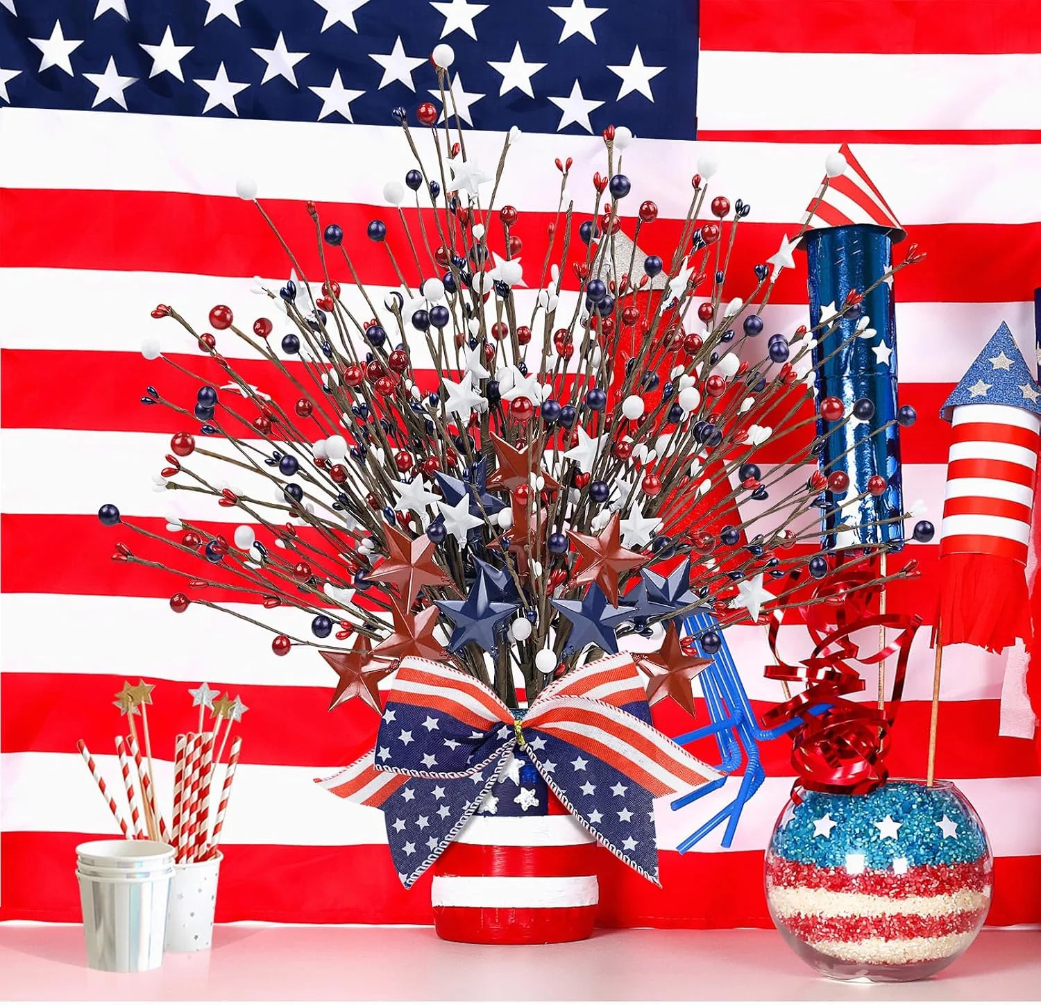 8 Pack Patriotic Artificial Berry Stem Picks,17.5″ Red White Blue Stars with Bow