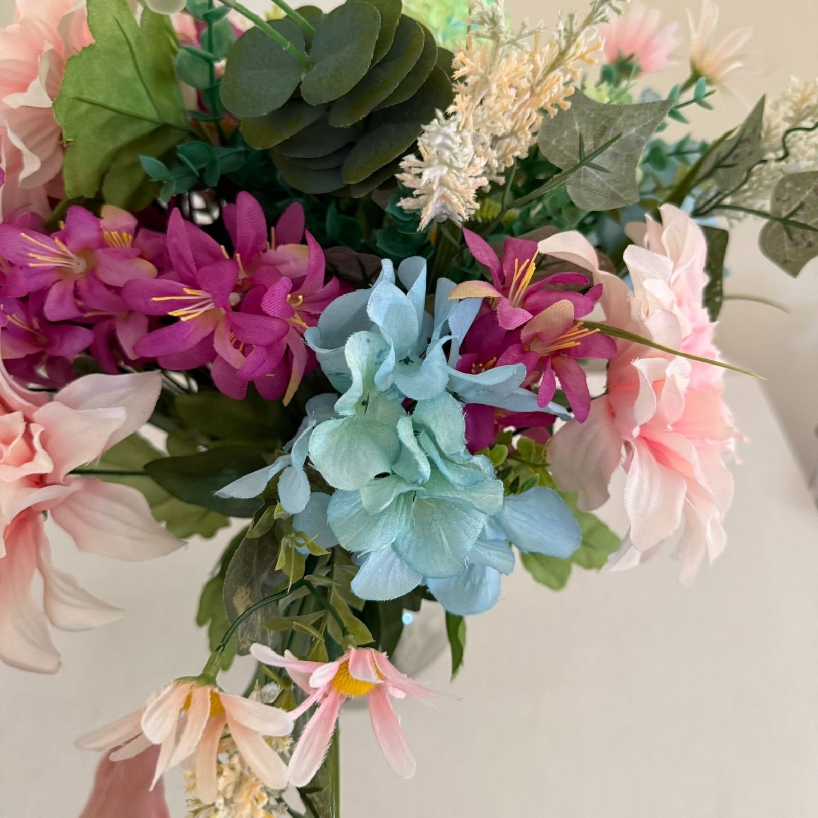 Upcycled Handcrafted Artificial Floral Arrangement Blue Green Pink Flowers OOAK