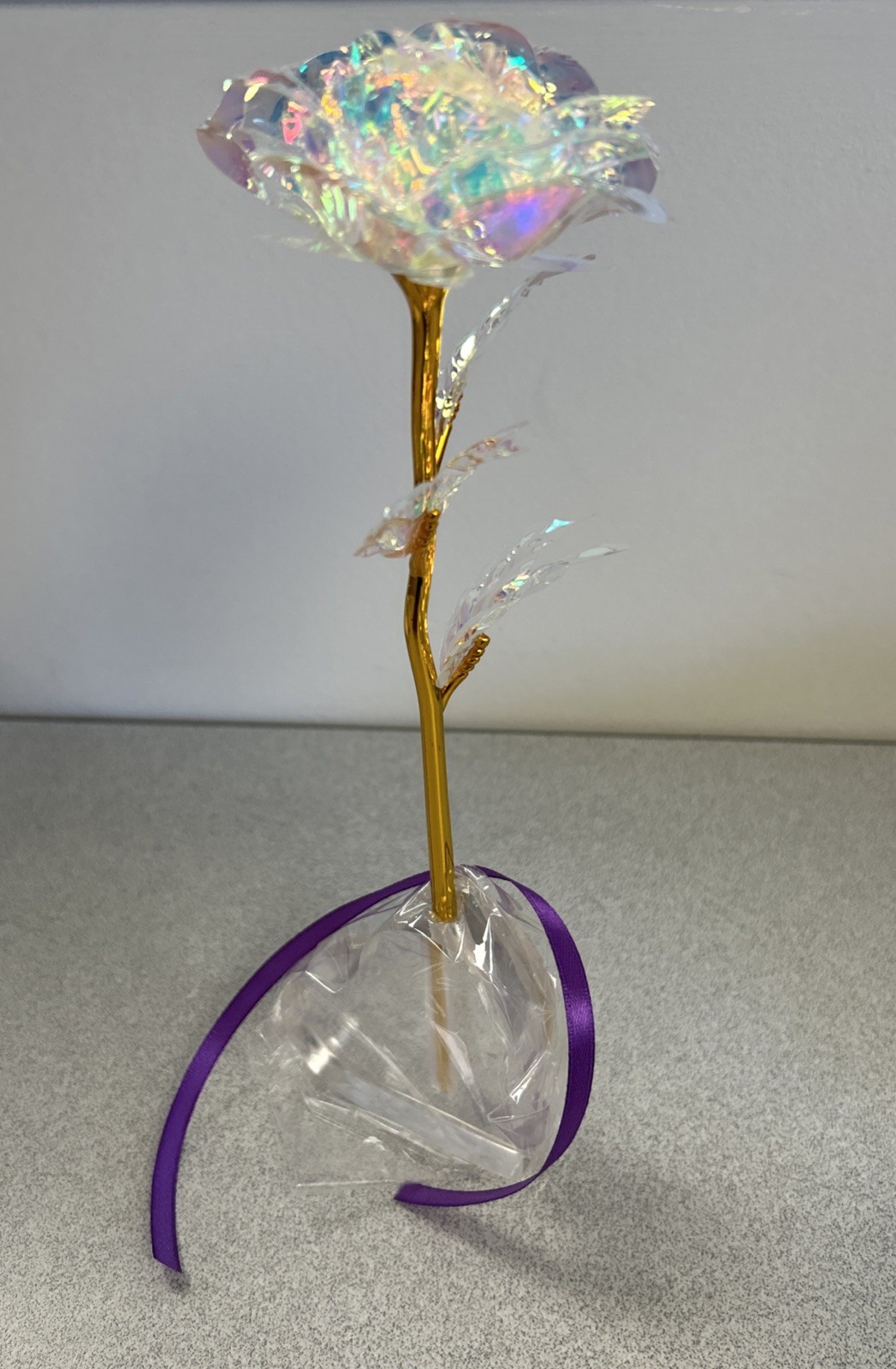 Artificial 24K Golden Rose Gift Keepsake Open Flower Box Clear Heart Base Ribbon