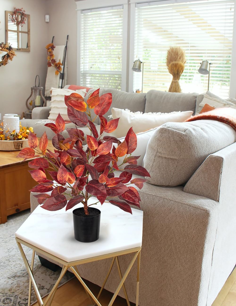 19.7 Inch Fake Fall Autumn Elm Leaf Tree Black Pot Artificial Faux Plant Decor