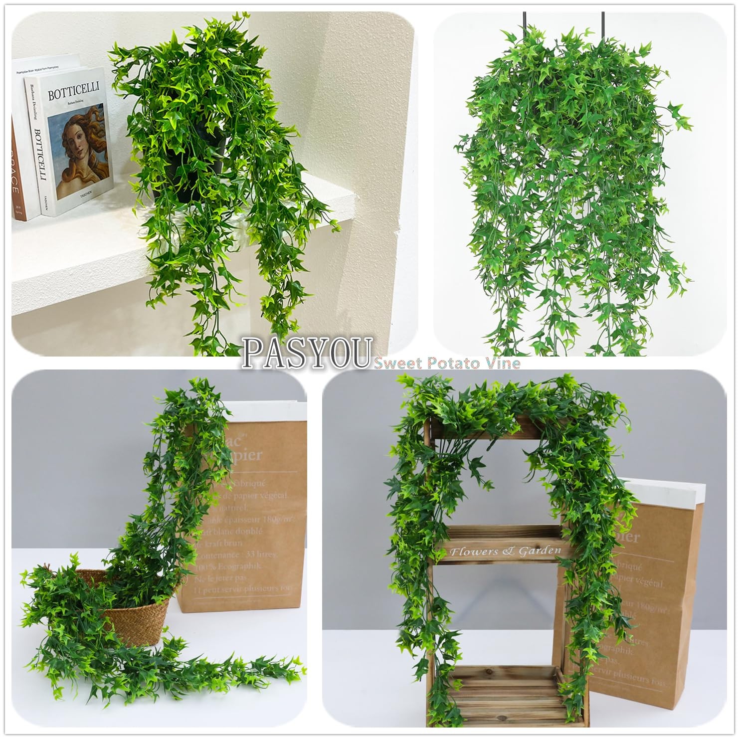 Artificial Hanging Vines, Fake Vine Plastic Plants Sweet Potato Leaves Ivy UV…