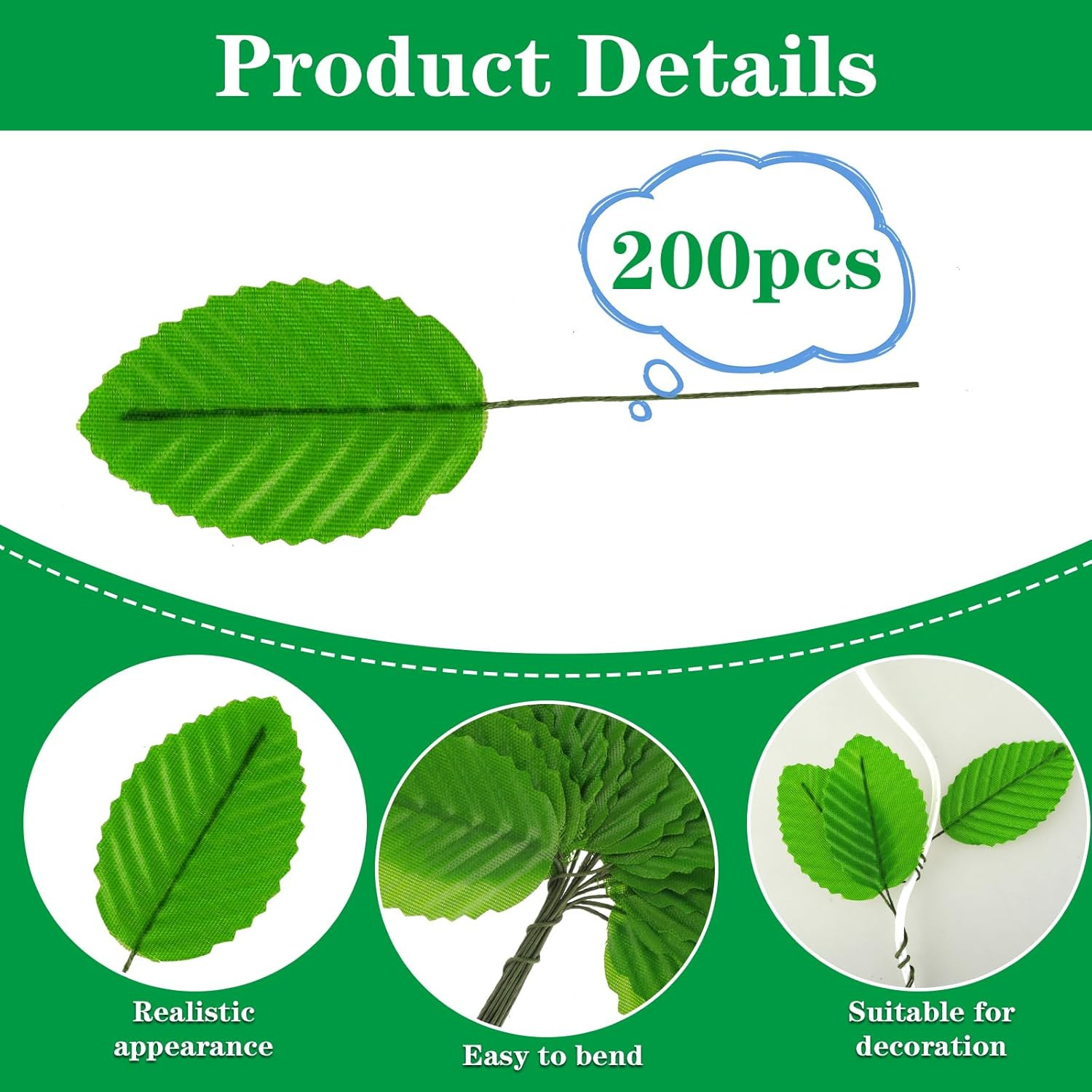 200 Pcs Green Silk Artificial Leaves – Fake, Faux Wired Single Leaf – Wire Craft