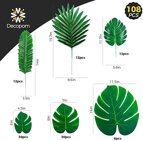 108 Pack Palm Leaves Artificial Tropical Monstera – 6 Kinds Large Small Green Fa
