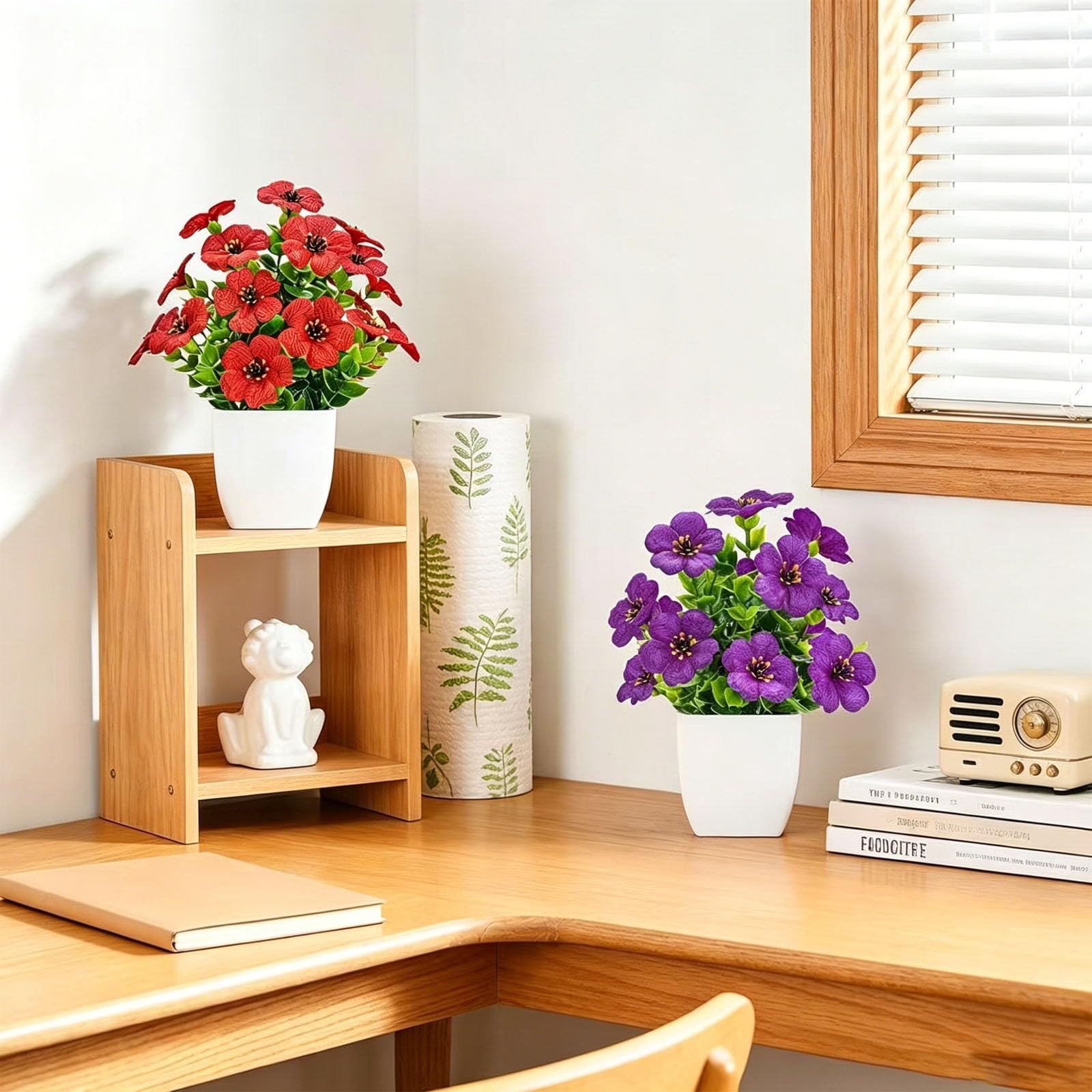 4-Pots Artificial Potted Flowers, Resistant Fake Flower Plants in White Pot, …