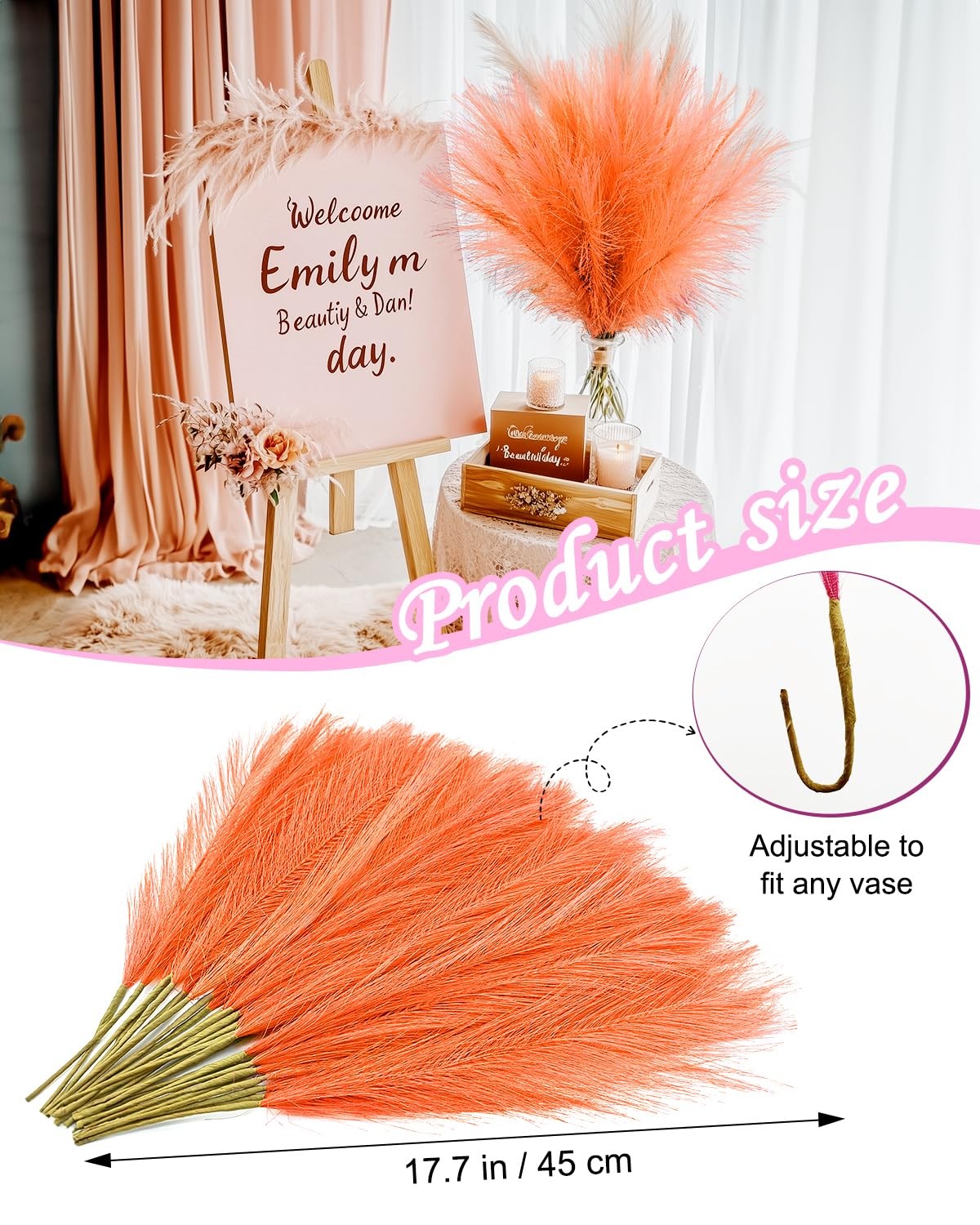 30pcs Orange Faux Pampas Grass Decor, 17.7inch Short Artificial Pompous Grass…