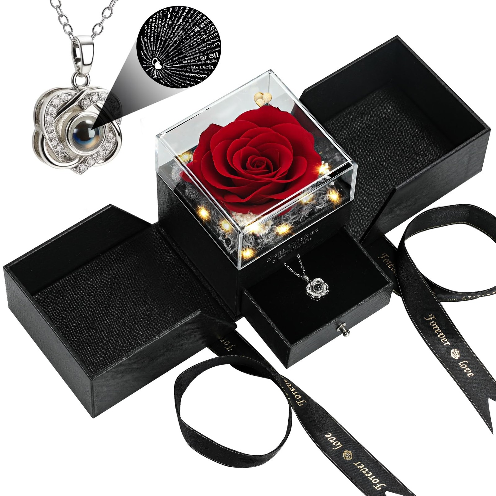 Preserved Real Red Rose with I Love You Heart Necklace 100 Languages – Eternal