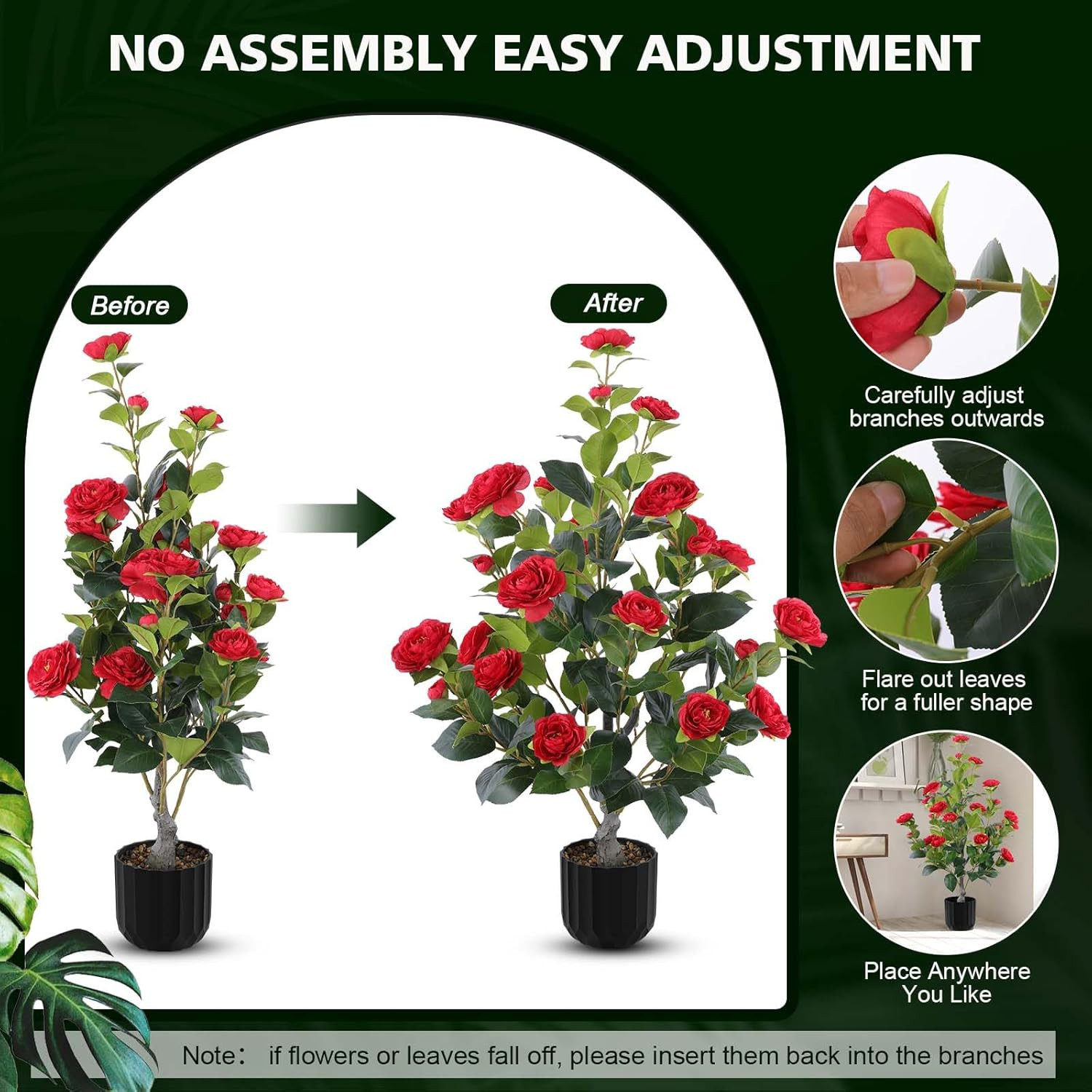 Faux Camellia Trees – 2 Pcs Red Indoor/Outdoor Decor in Pots
