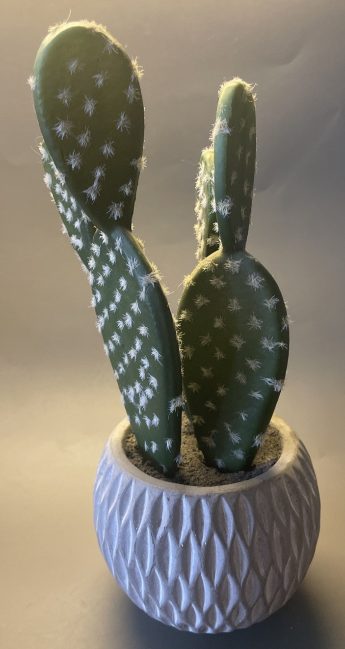 Faux Cactus Plant White Geometric Vase 10″ Tall Home Decor