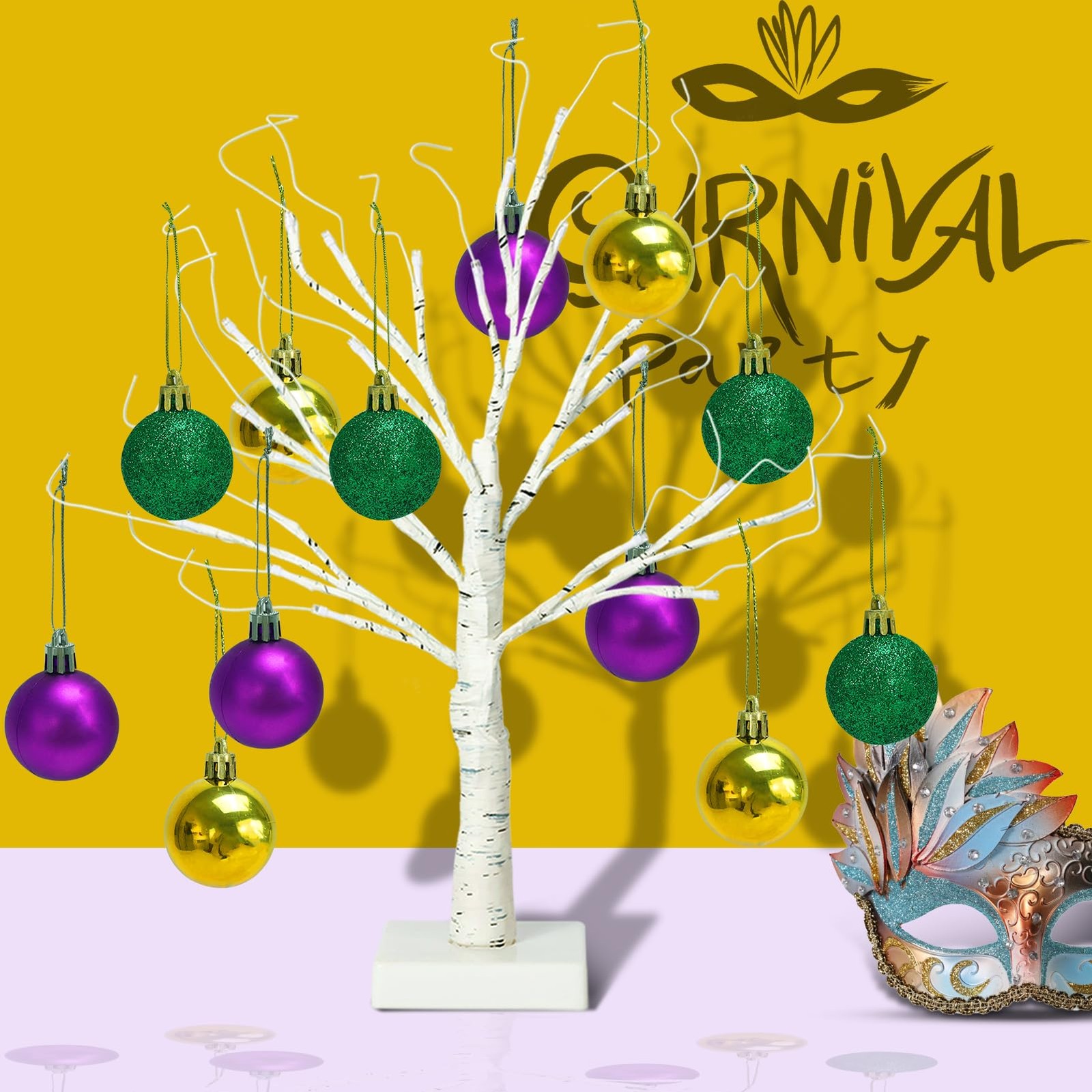 [Timer] 24” Mardi Gras Lighted Tabletop Birch Tree with 12pcs Ball Ornaments…