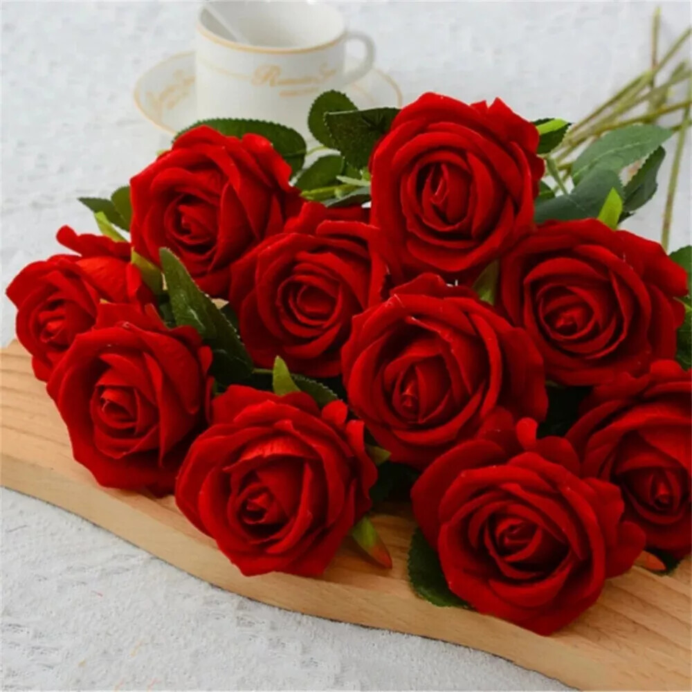 NEW 20Pcs Red Silk Roses Artificial Flowers Realistic Bouquet Home Decor Wedding