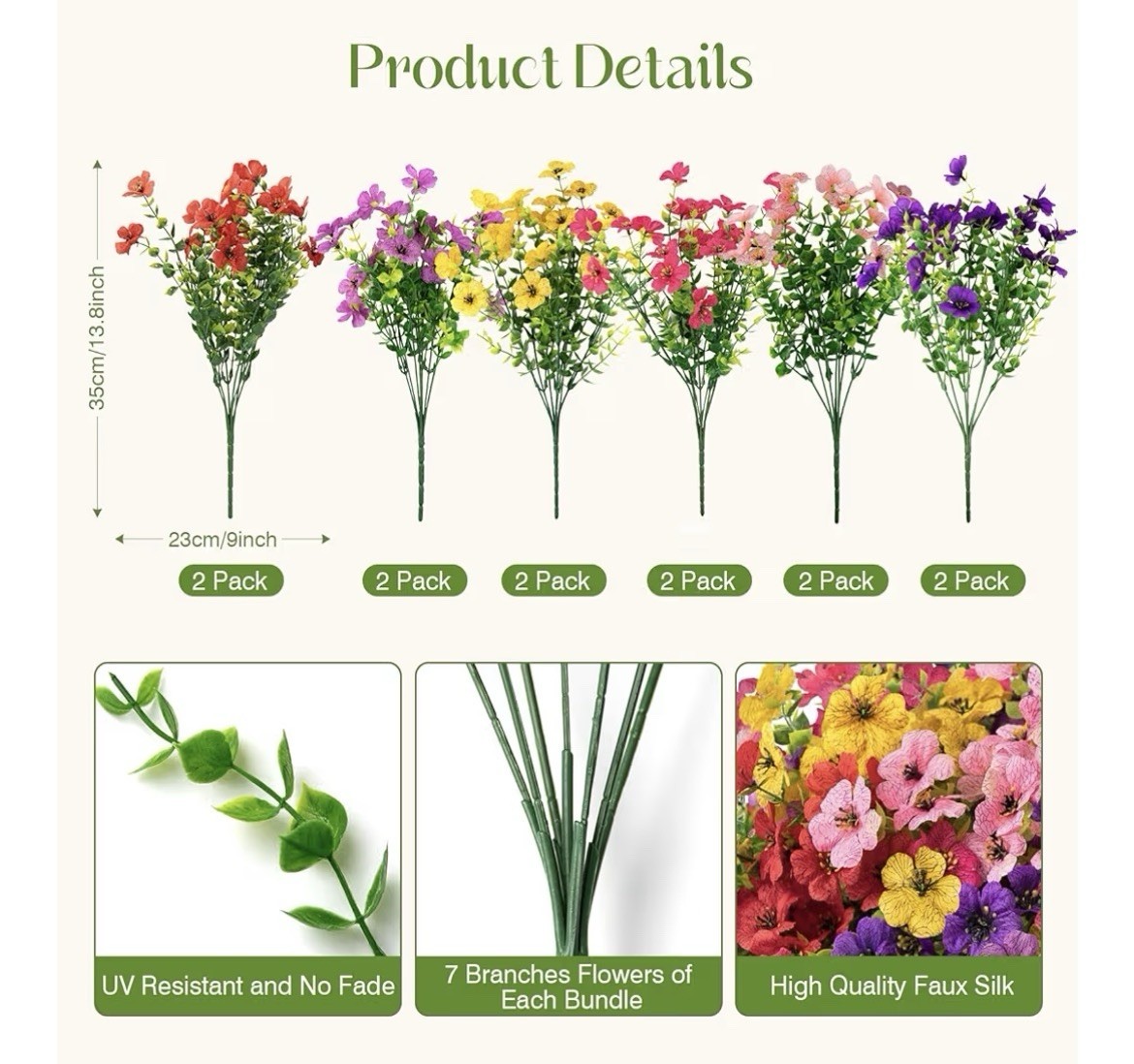 UV Resistant Artificial Silk Flower Bush Bouquets, Multicolor 2-Pack 13.8in