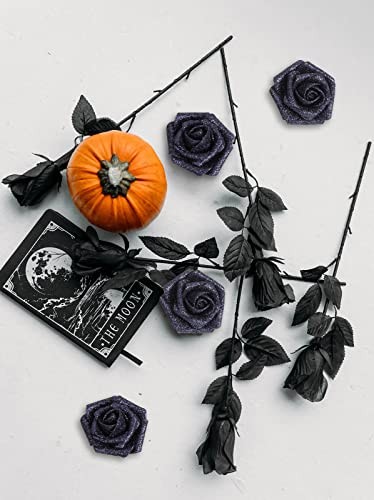 Black Glitter Roses,50PCS Fake Roses Glitter Flowers for Crafts 50pcs Black
