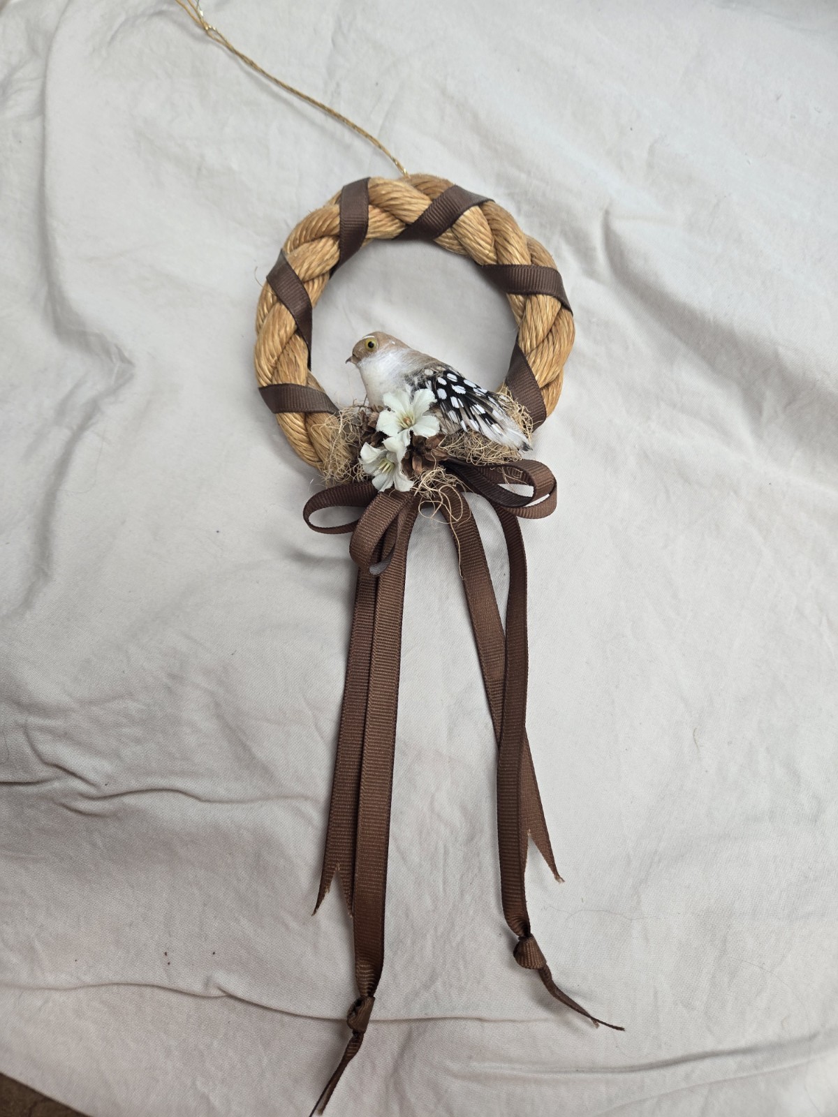 Vintage 4″ Handmade Wreath Decor Ornament~Bird Made W/Real Feathers~Cottagecore