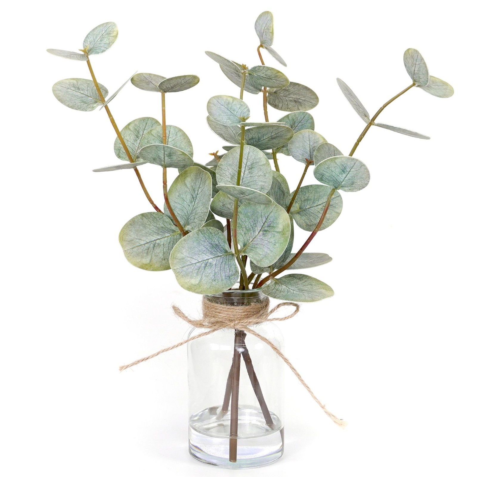 3Pcs Artificial Eucalyptus Stems in Glass Vase with Faux Water – Double-Sided Gr