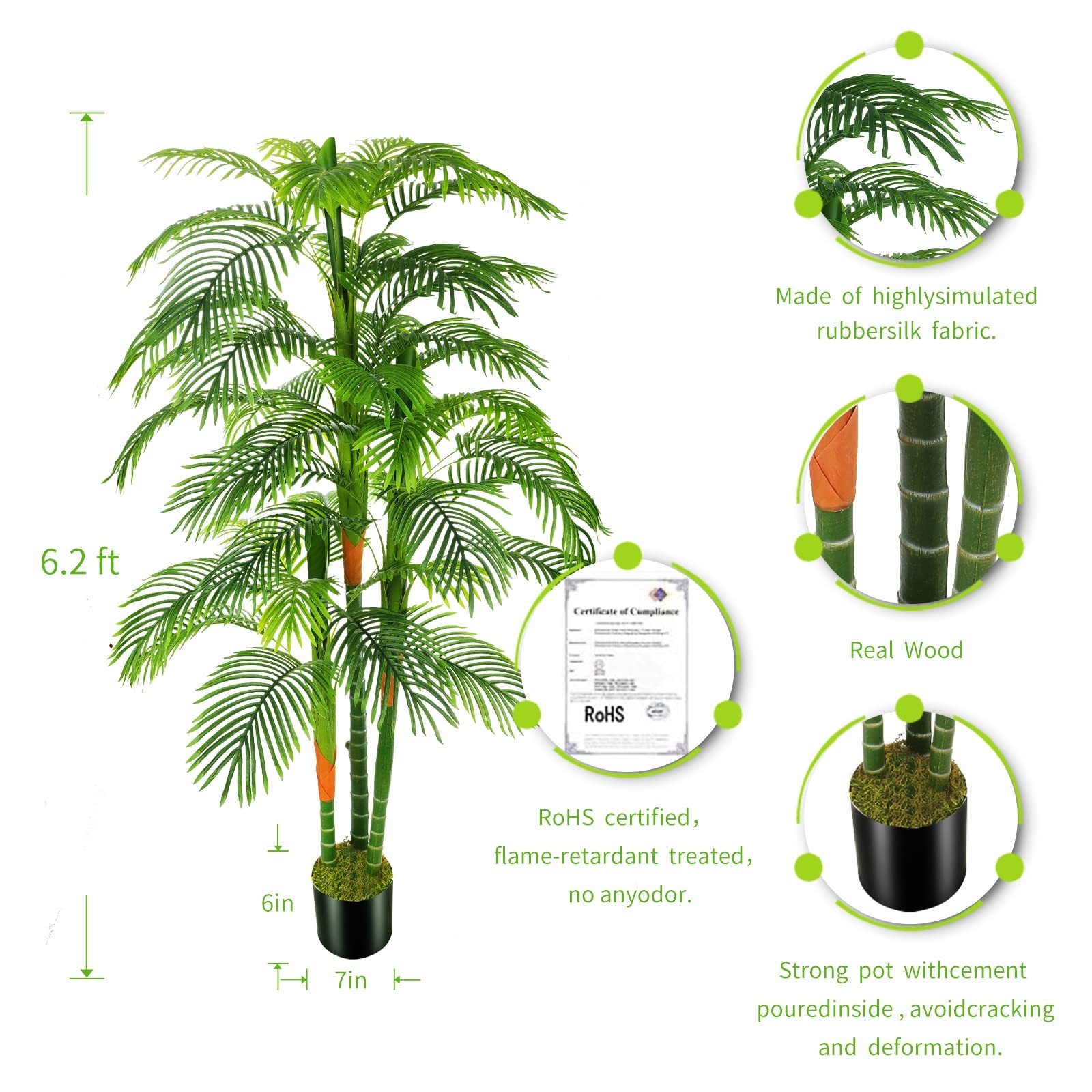 6ft Artificial Golden Cane Palm Tree(72in) with 3 Trunks Faux Tree and Plasti…