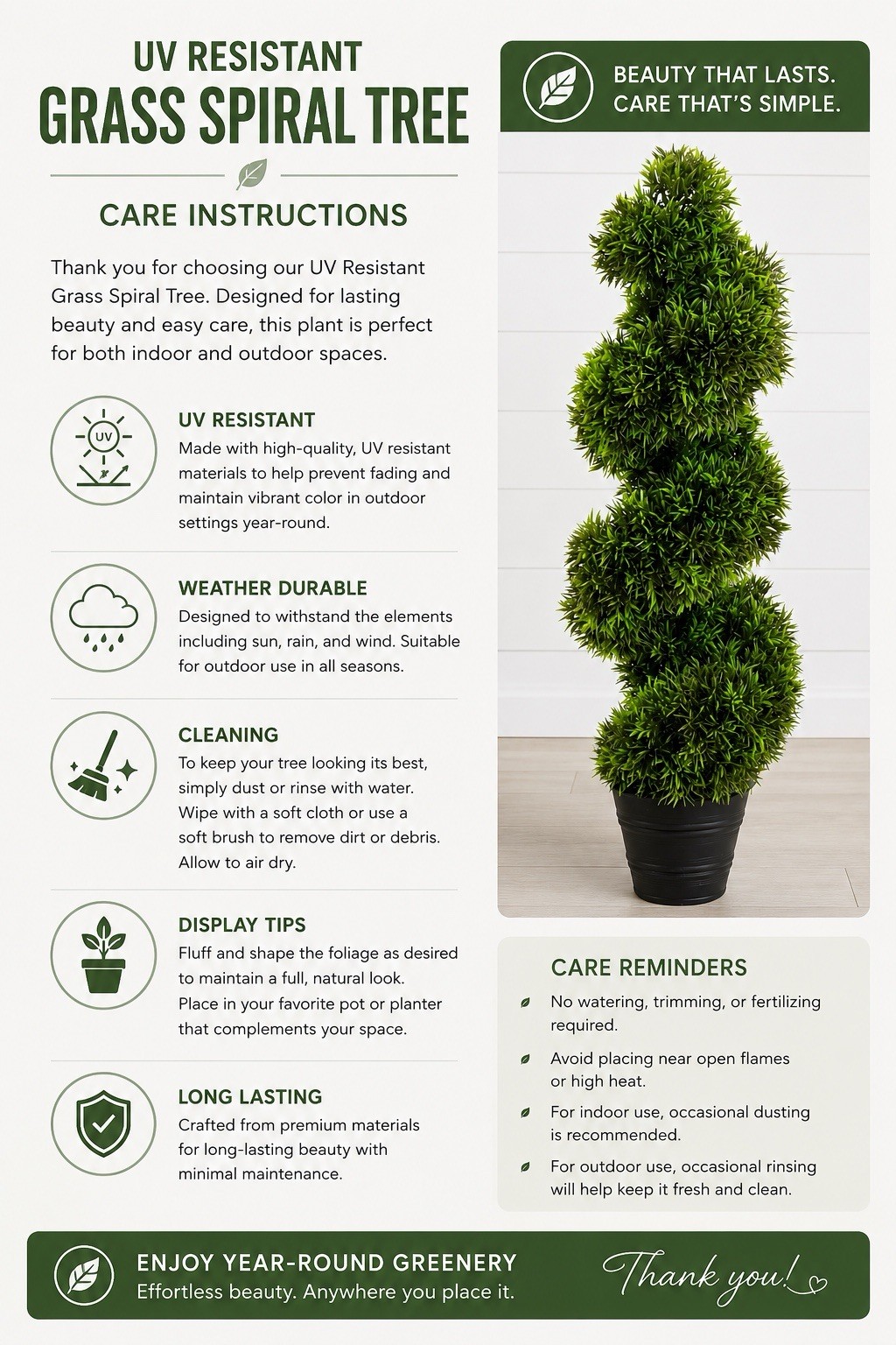 3’ UV Artificial Topiary Spiral Grass Tree Indoor/Outdoor