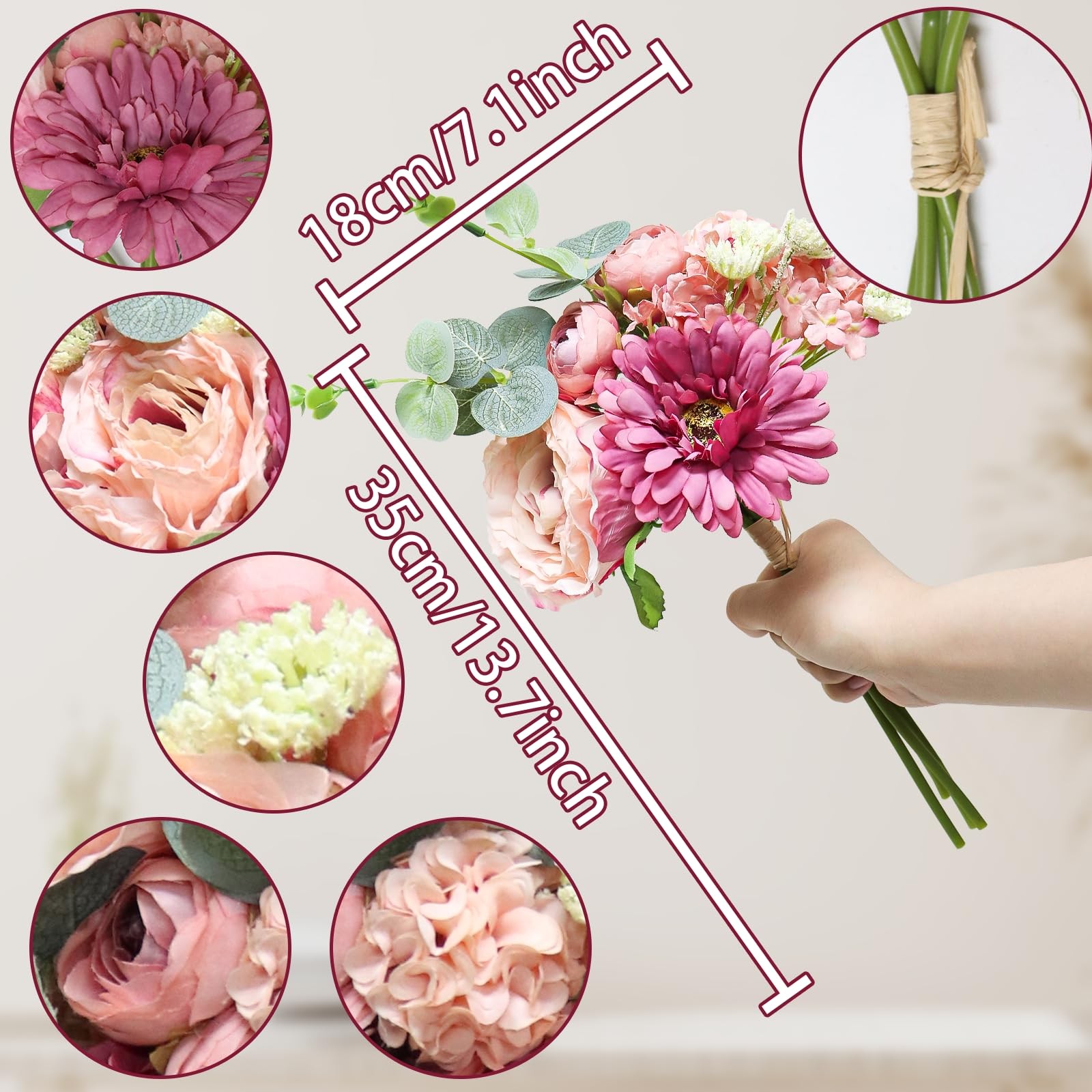 4 PCS Mixed Pink Artificial Peonies Bouquets Fake Flower Wedding Bride Spring