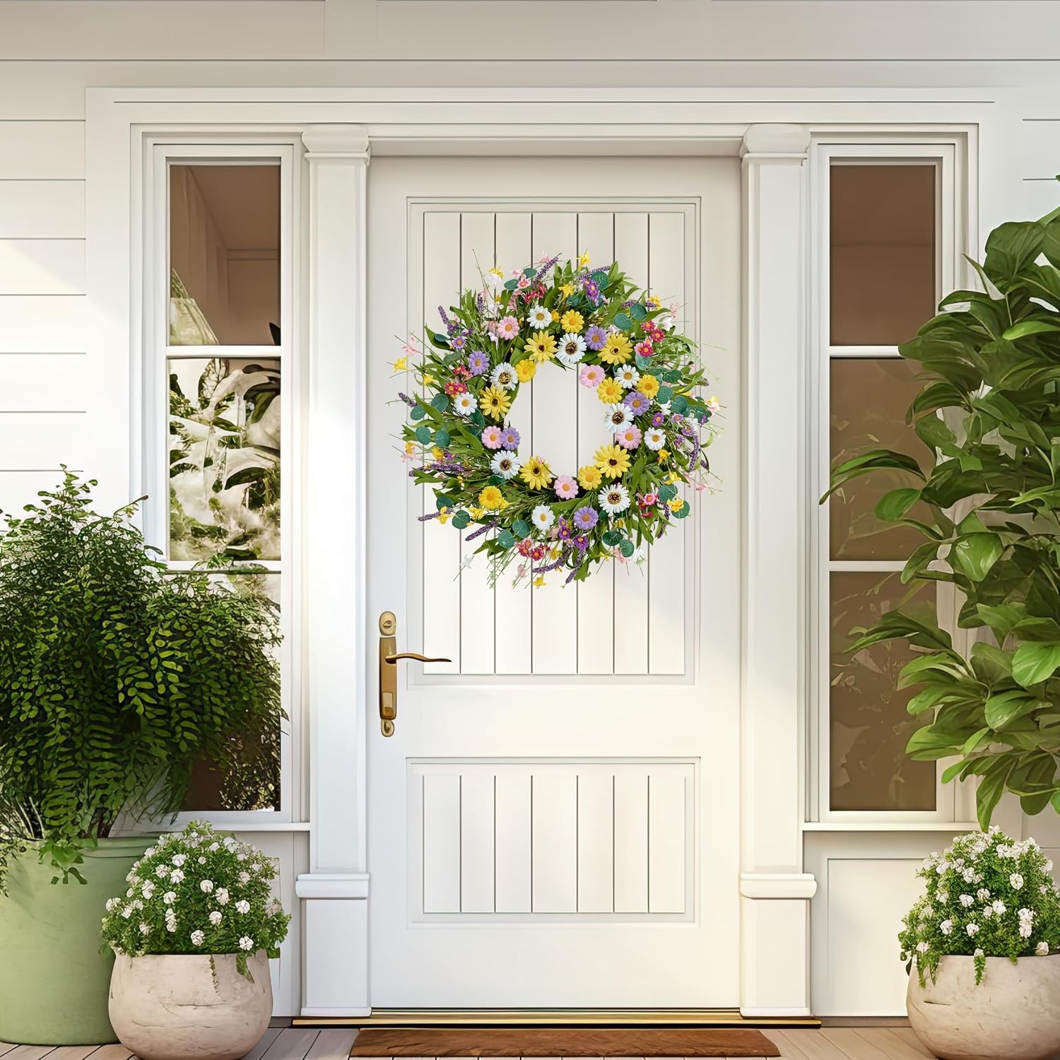 Multicolor Artificial Spring Summer Wreath 22 Inch Yellow Daisy Flowers Greenery