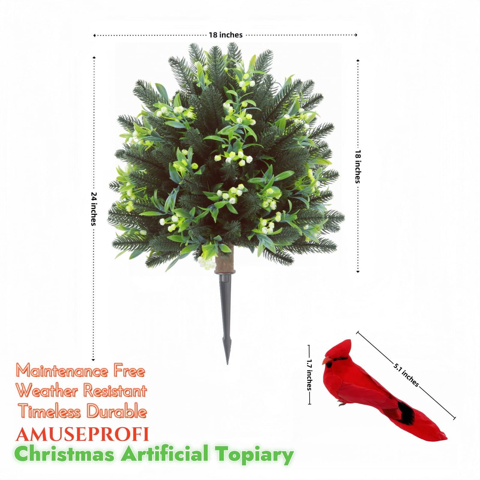 Set of 2 Artificial Christmas Urn Filler Topiary Tree with Cardinal Birds, Pine,