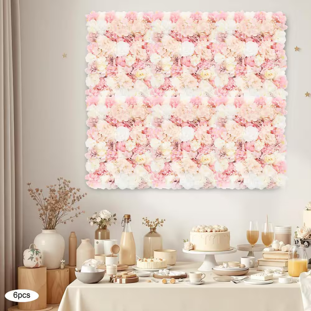 6-Piece 23.62 In. X 15.74 In. White and Pink Artificial Rose Flower Wall Panel f