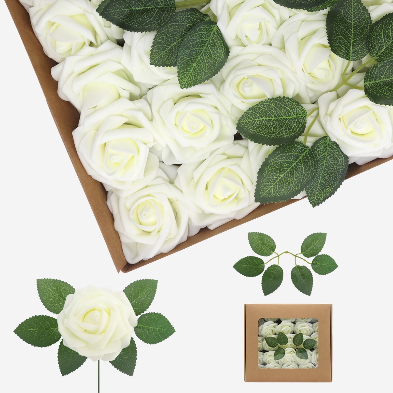 100PCS Milk White Artificial Flowers Real Looking Foam Fake Roses, Rose Artif…