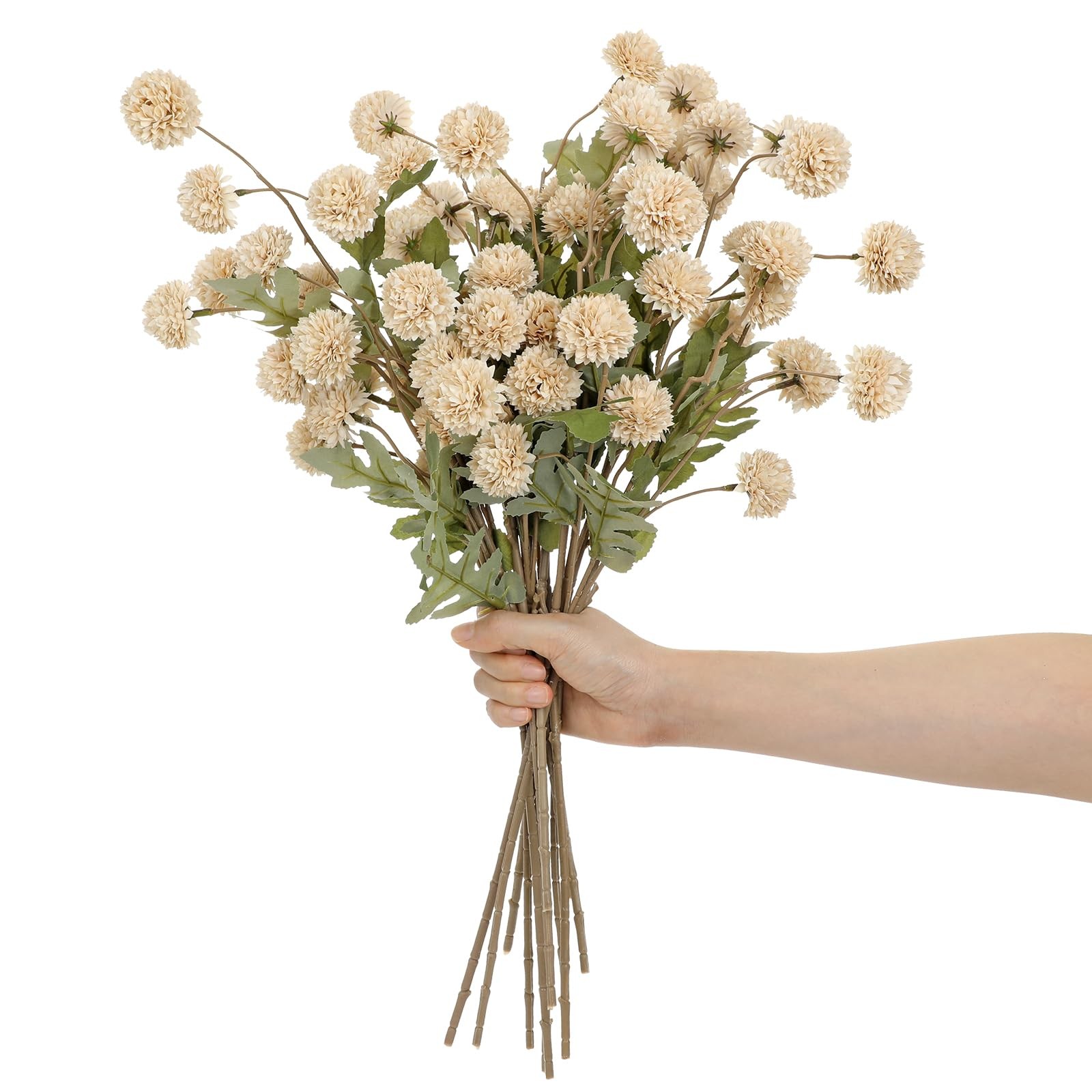 12 PCS Beige Artificial Kiku Mums Realistic Silk Pom Pom Chrysanthemums