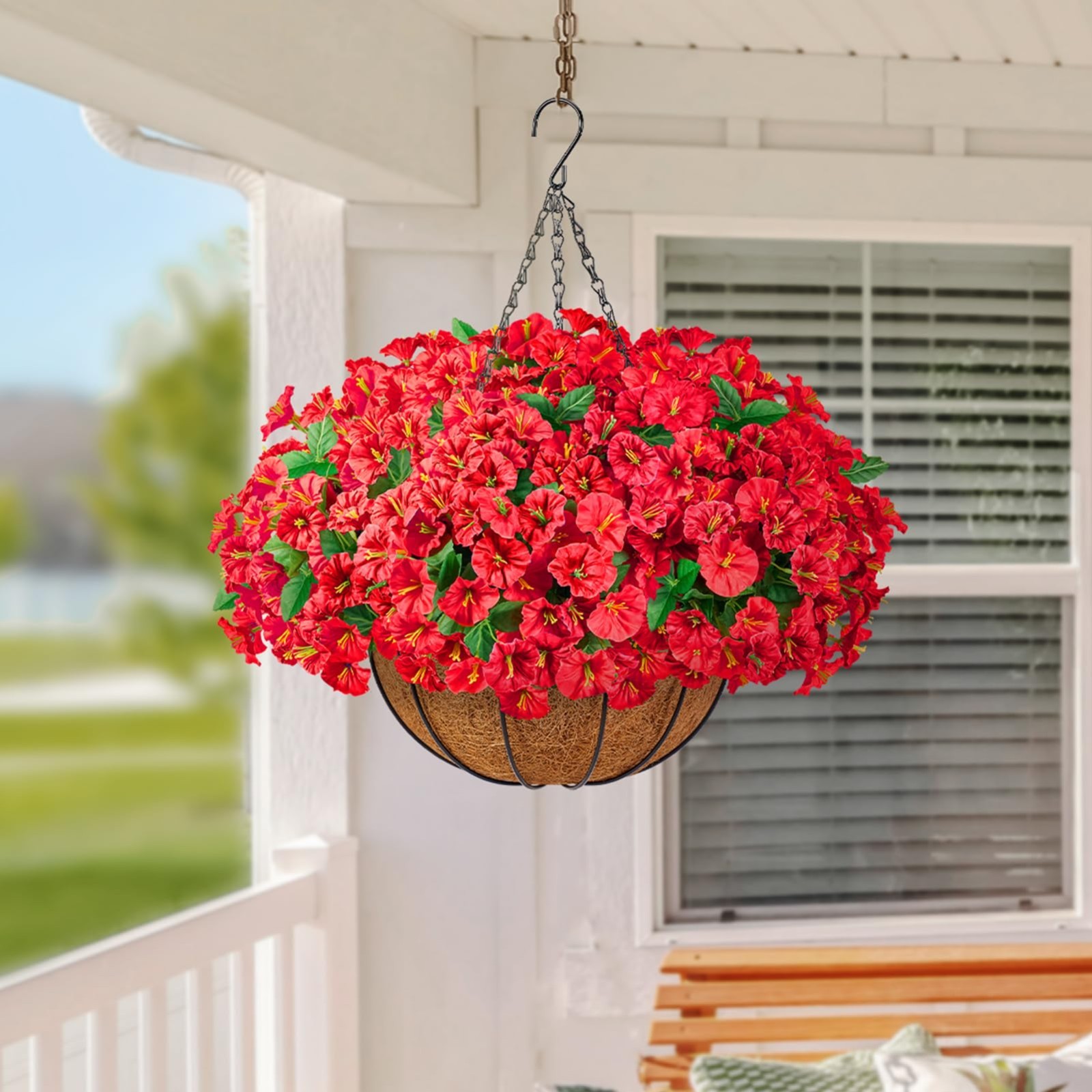 Set of 2 Faux Silk Morning Glory Hanging Flower Baskets for Outdoor Decor – 16 B