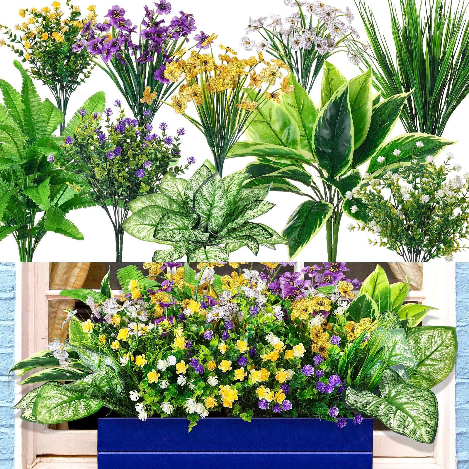 24 Pcs Artificial Flowers for Outdoor Window Box, Artificial Fake Plants Plas…