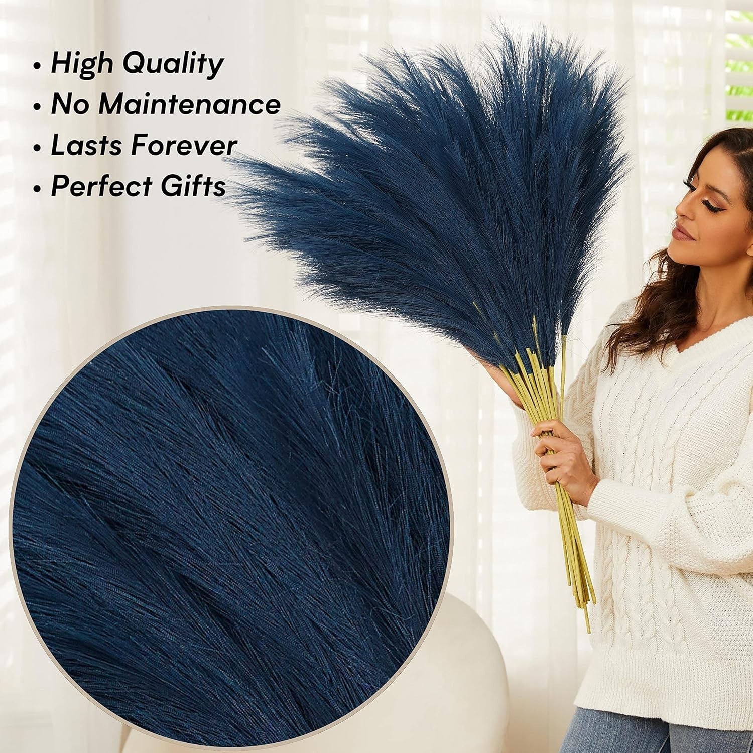 Blue Faux Pampas Grass 9 pcs, 37 in Fluffy Faux Floral for Home & Wedding Decor
