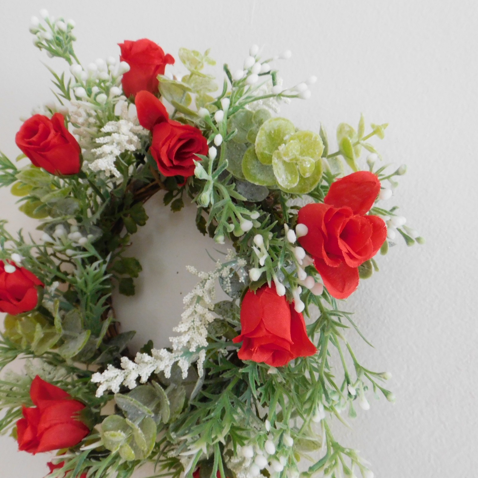 Dusty Miller Mini Wreath Eucalyptus Red Roses Candle Ring Wedding decor