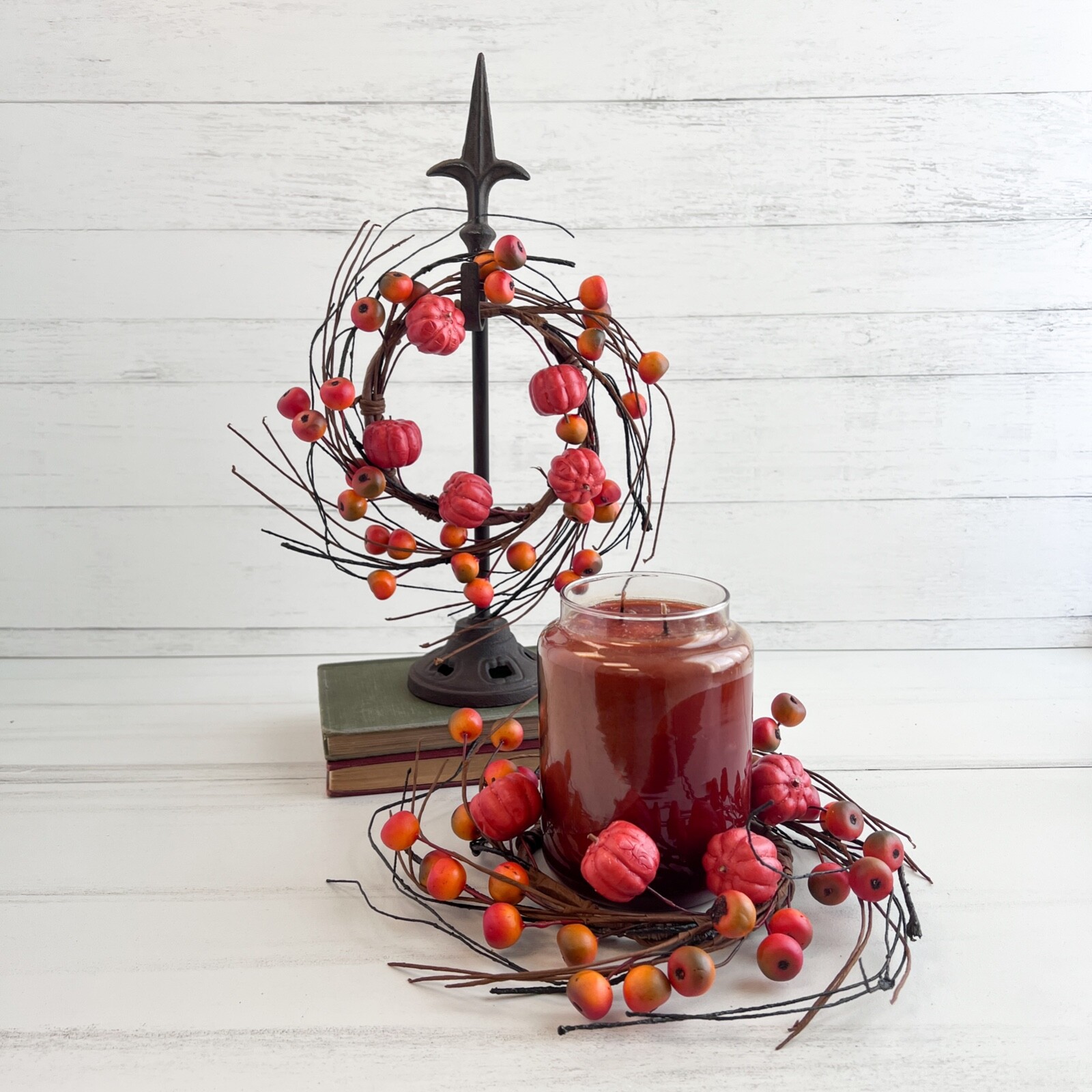 Orange Pumpkin Candle Ring / Wreath 4.5″ Inner Diameter Autumn Fall Floral