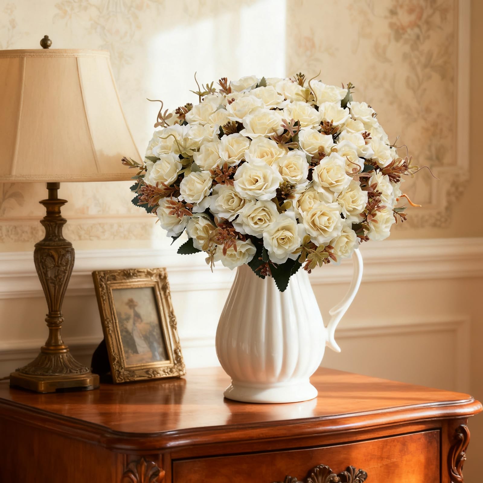 6 PCS White Silk Rose Bouquet 10 Flowers Per Pack Mini Fake Rose Bunches