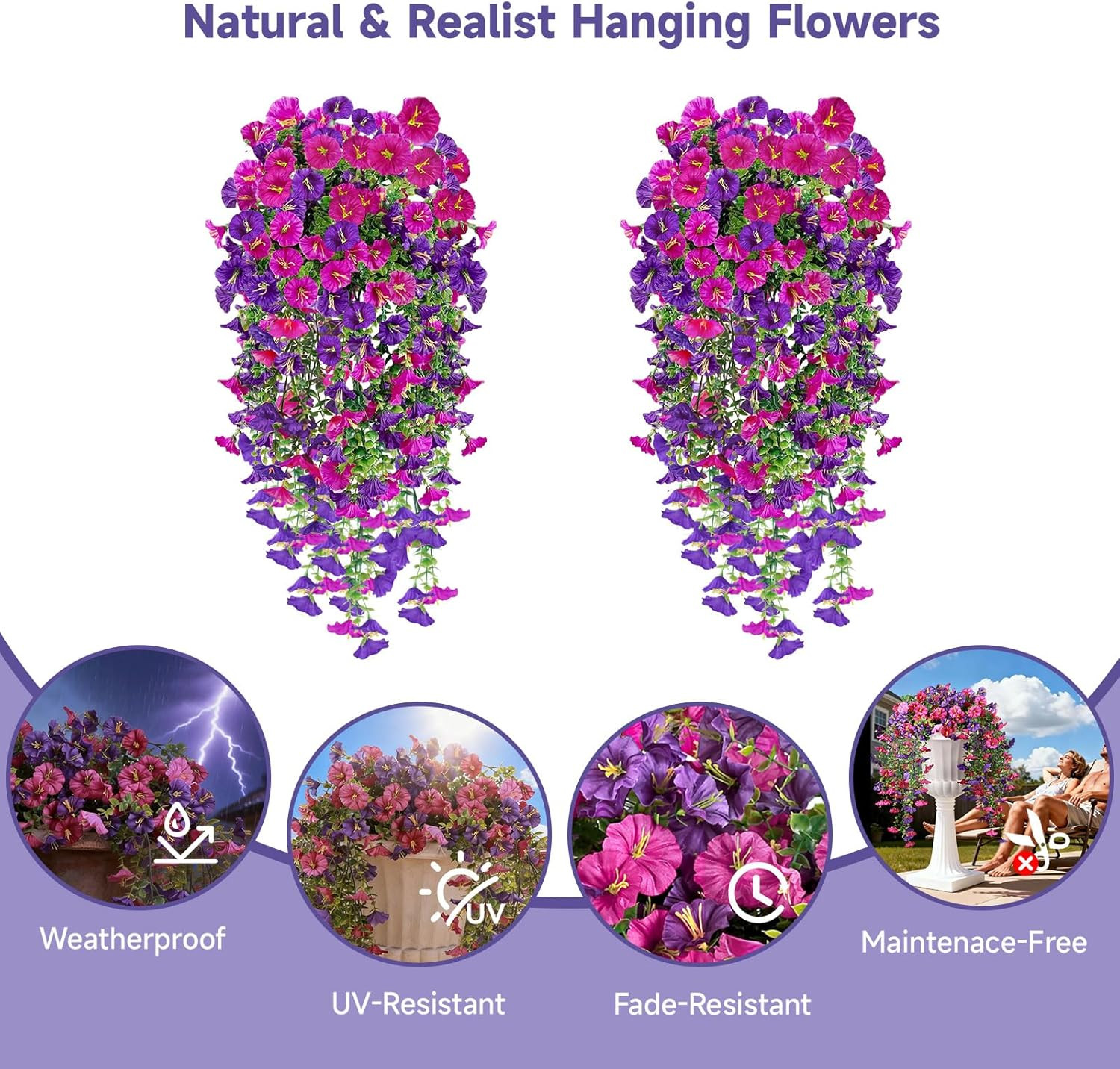Artificial Hanging Flowers for Outdoors, 2 PCS 300 Blooms UV Resistant Morning G