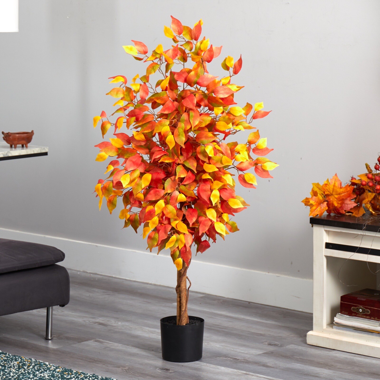 4’ Fall Ficus Autumn Artificial Tree w/Natural Wood Trunk Home Decor.