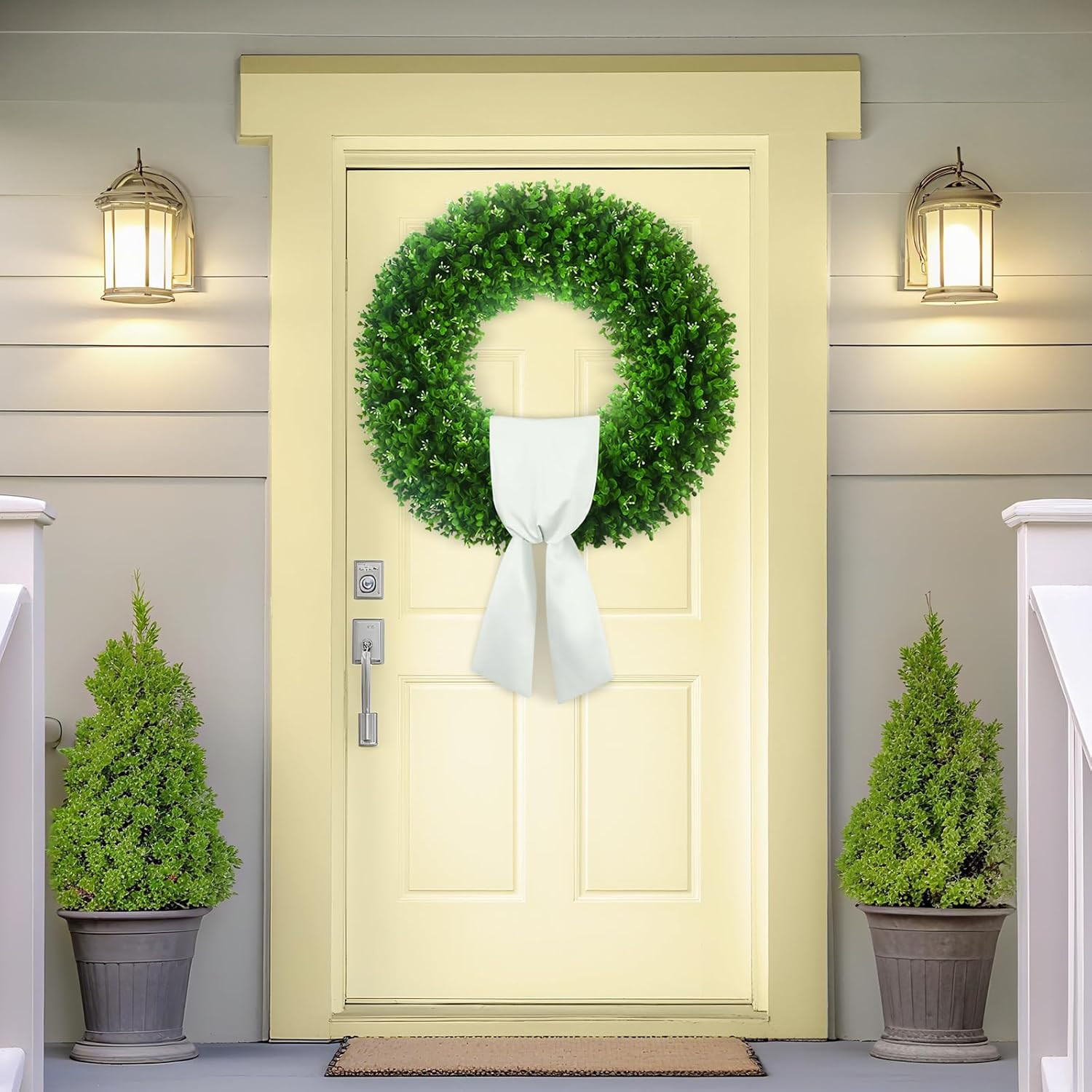 32” UV Resistant Boxwood Wreath with 310 Leaves & 140 Flower Buds for Spring De
