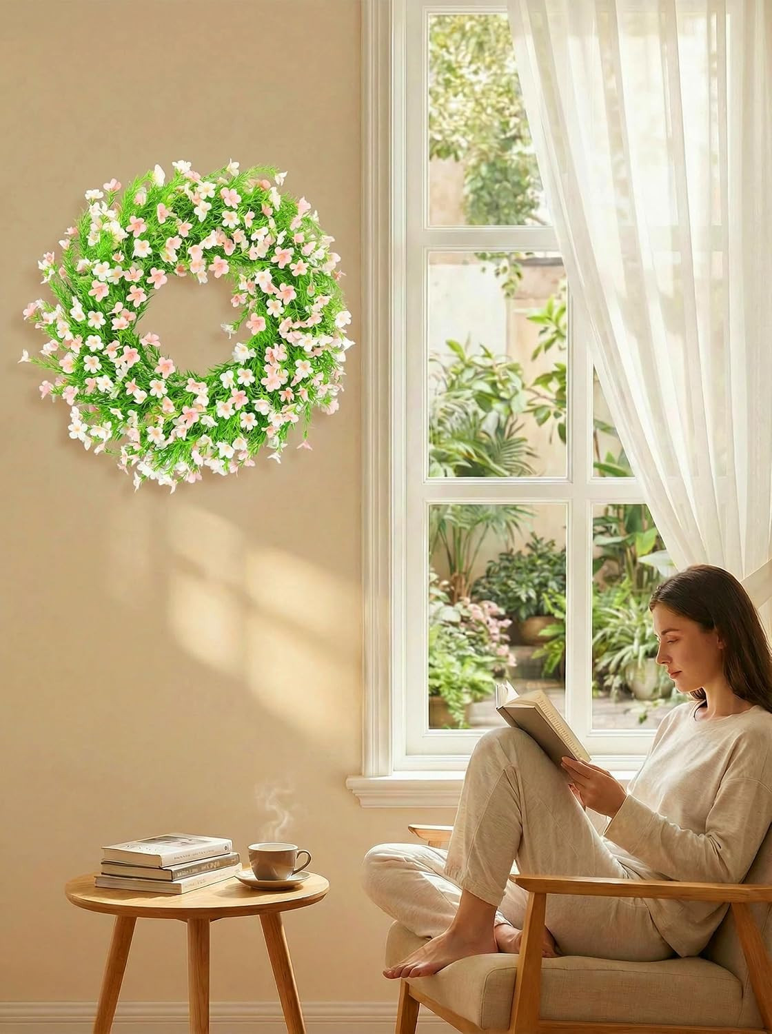24 Inch Whitepink Artificial Forsythia Silk Front Door Wreath | Beautiful Whitep