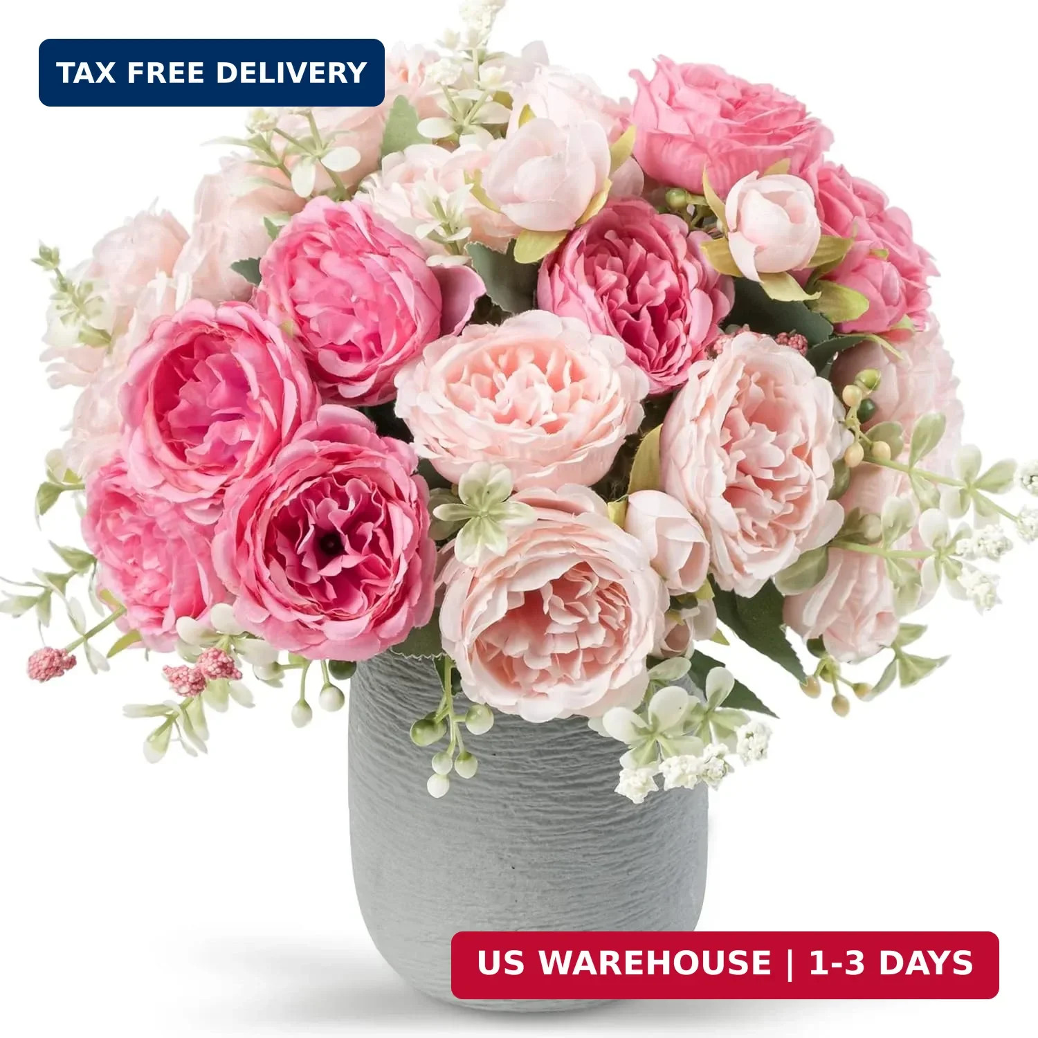 Artificial Peonies Silk Flowers, Pink Faux Peony Bouquet 4 Bundles Florals Arran