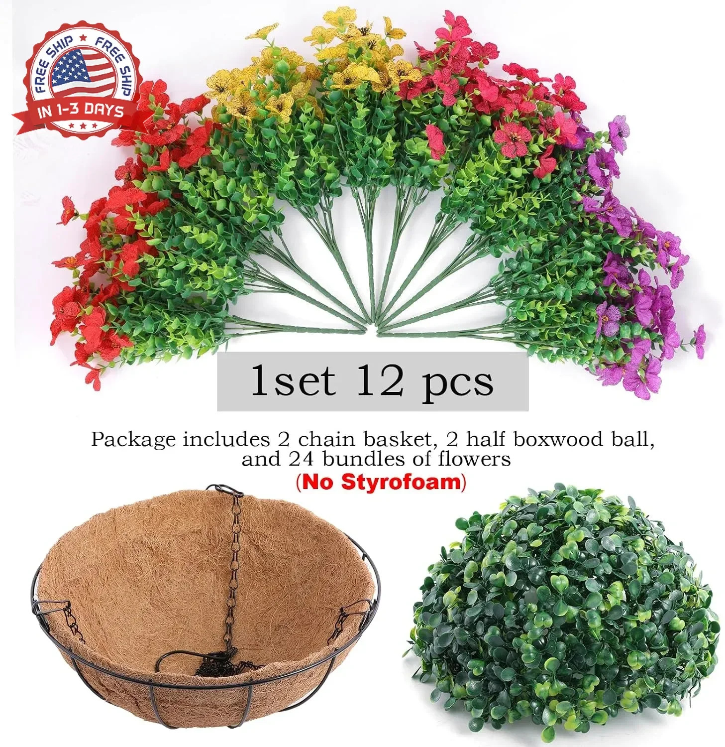 Hananona 2 Set Artificial Outdoor Flowers with Hanging Basket, 2 Hanging Planter