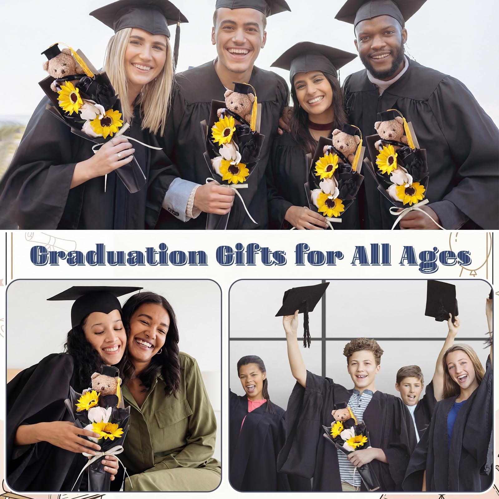 13″ 2026 Graduation Bear Bouquet Rose Sunflower Scented Soap Flower Money Bou…