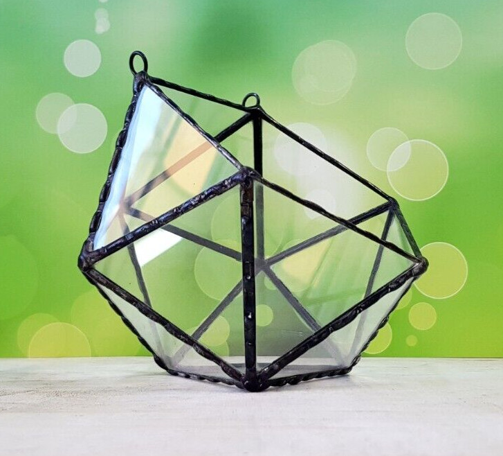 Stained Glass Terrarium Wall Hanging Black Frame Transparent, Planter For Indoor
