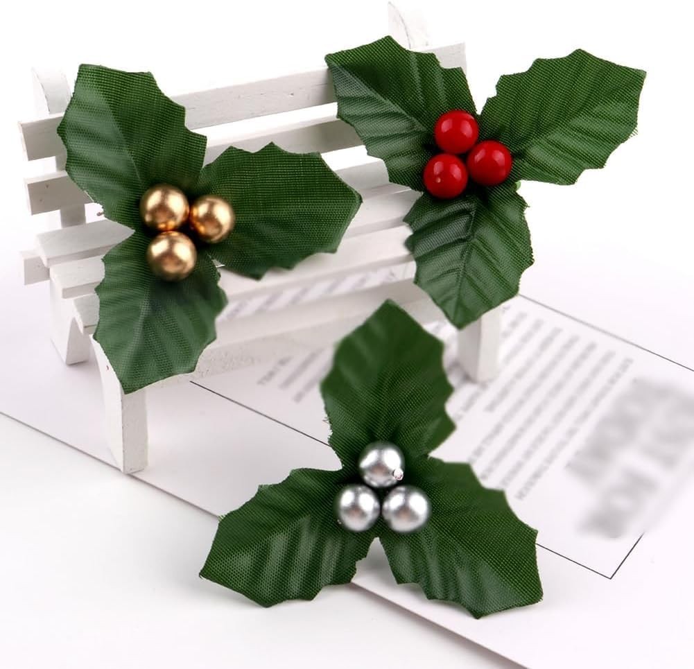 10Pcs Christmas Holly Berries Faux Flowers with Leaves Xmas Picks Christmas W…