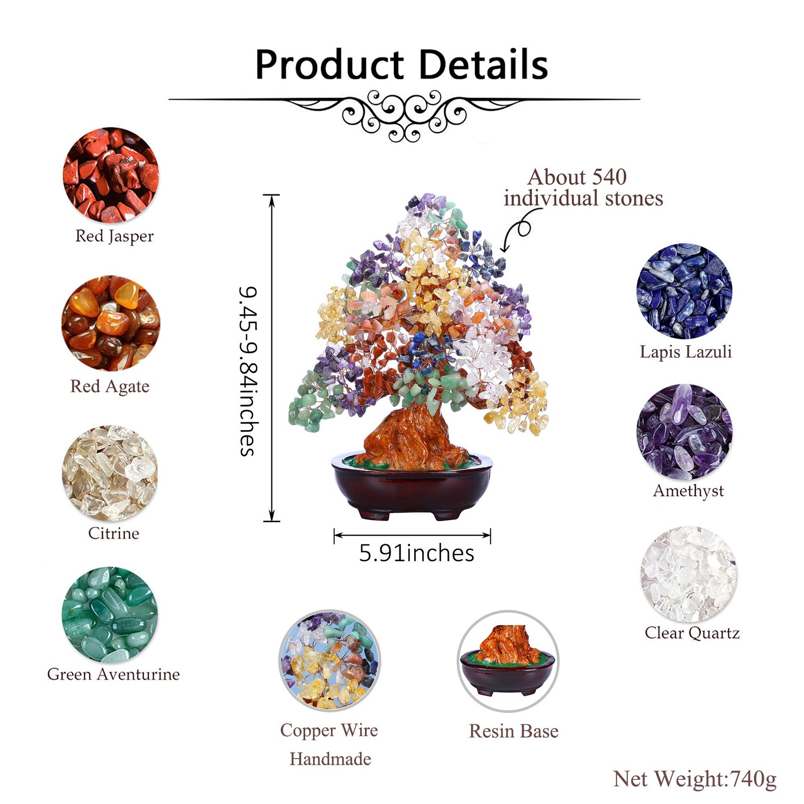 Large Feng Shui Natural 7 Chakra Healing Crystal Money Tree Resin Base Bonsai St
