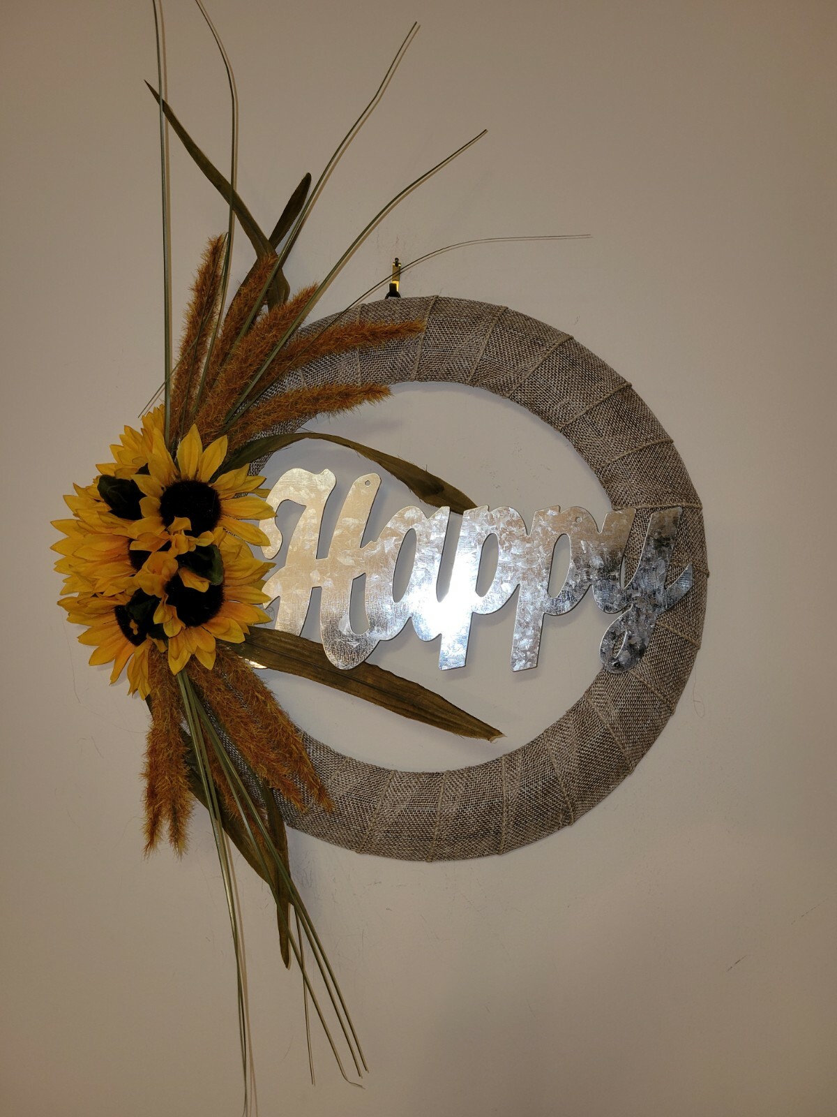 HAPPY Sunflower Foxtail burlap WREATH FALL autumn Decor Front Door 15″ orange