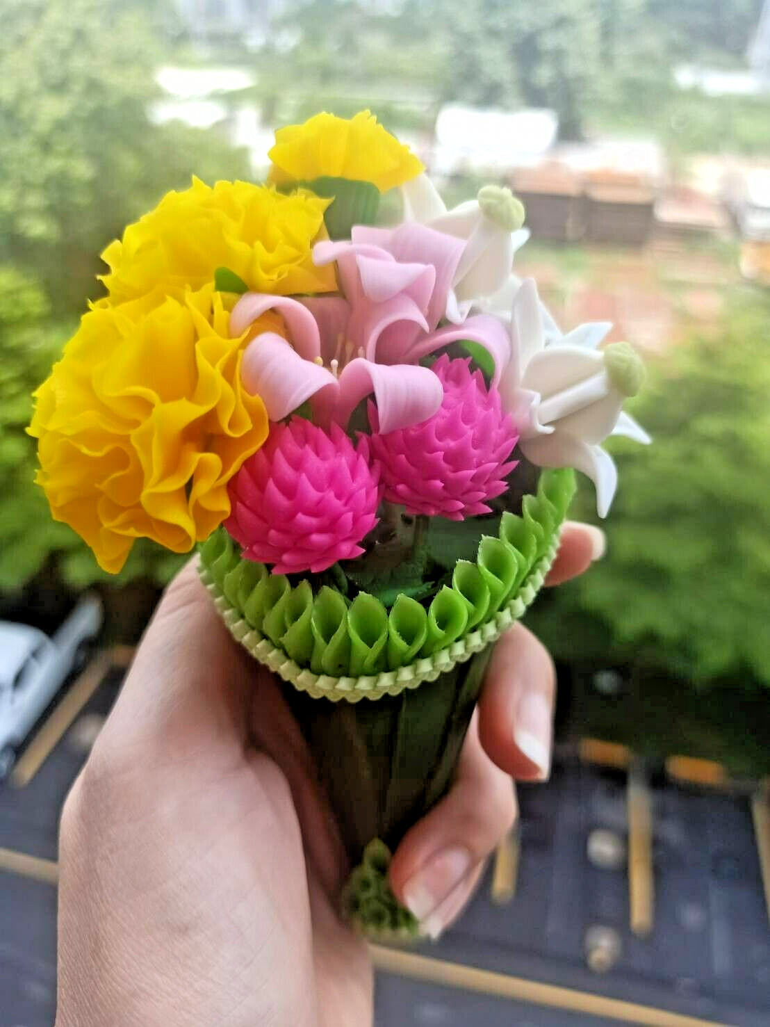Handmade Artificial Banana Leaf Clay Floral Dollhouse Bouquet Flower Arrangement