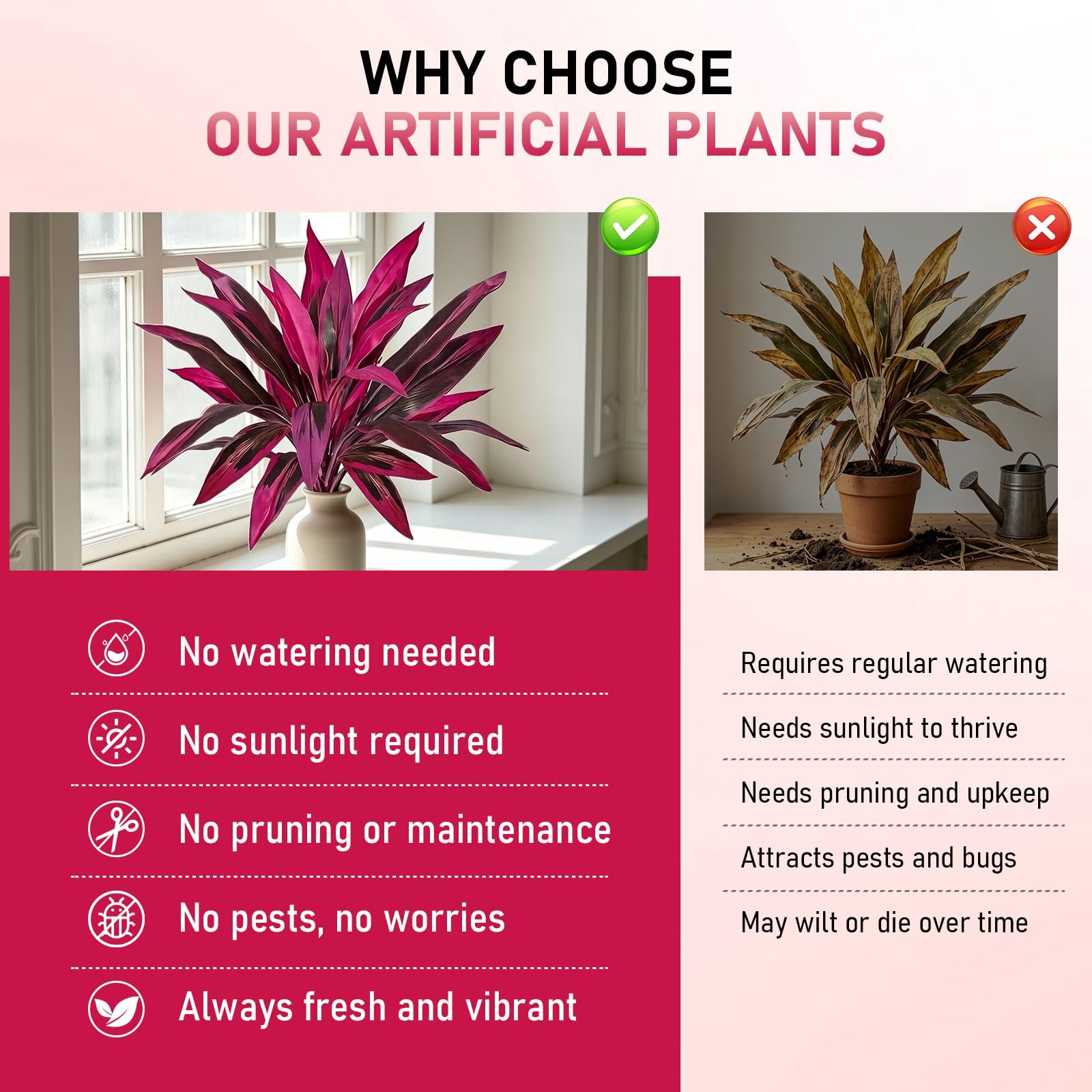 2pcs Artificial Boston Fern & Dragon’s Tree, Red/Pink