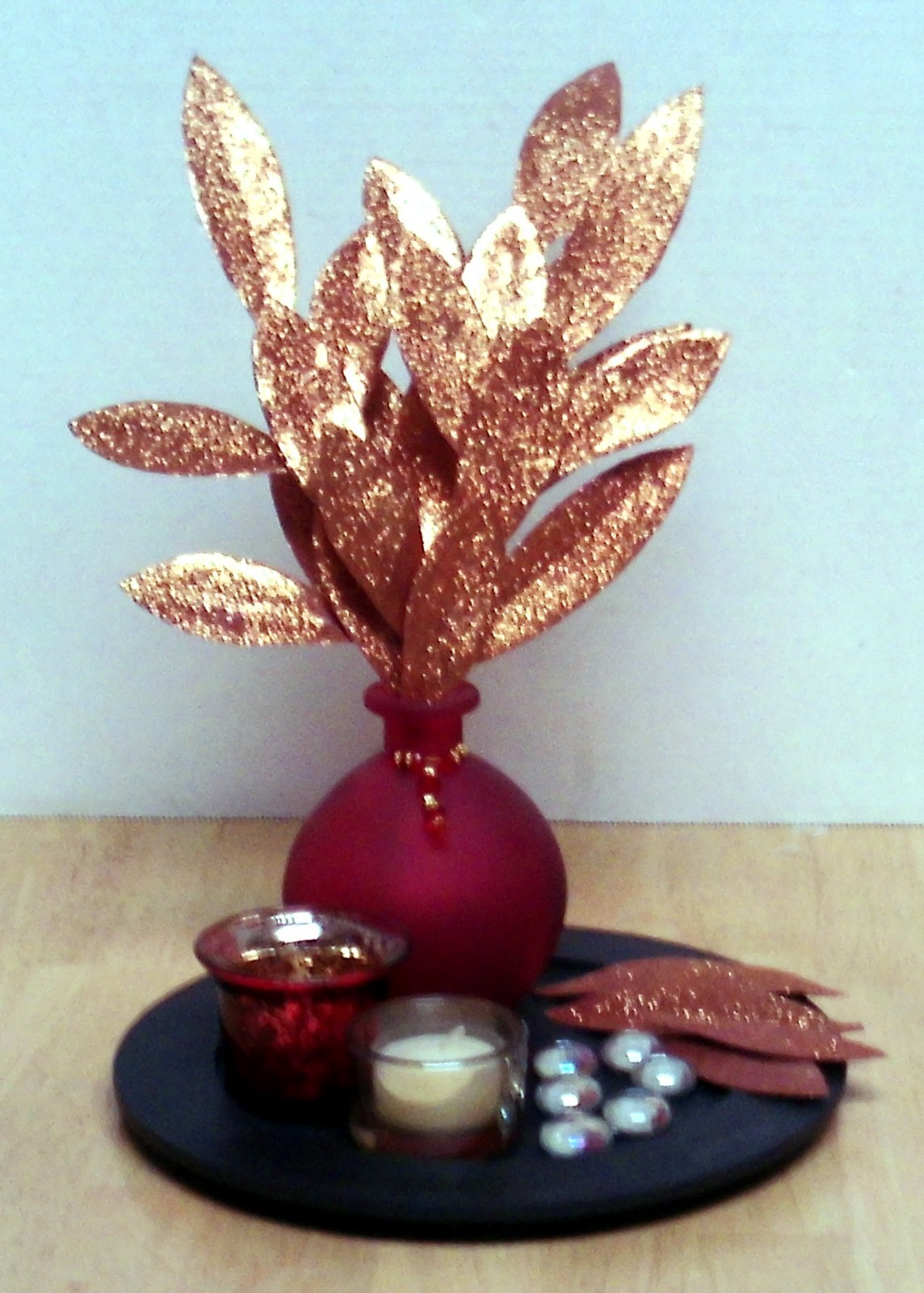 Artistic Decorative Center Piece of Black, Ruby and Gold Plus Embellishments